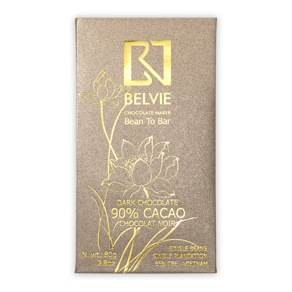 Belvie Noir Dark 90% gold-wrapped chocolate bar with lotus design