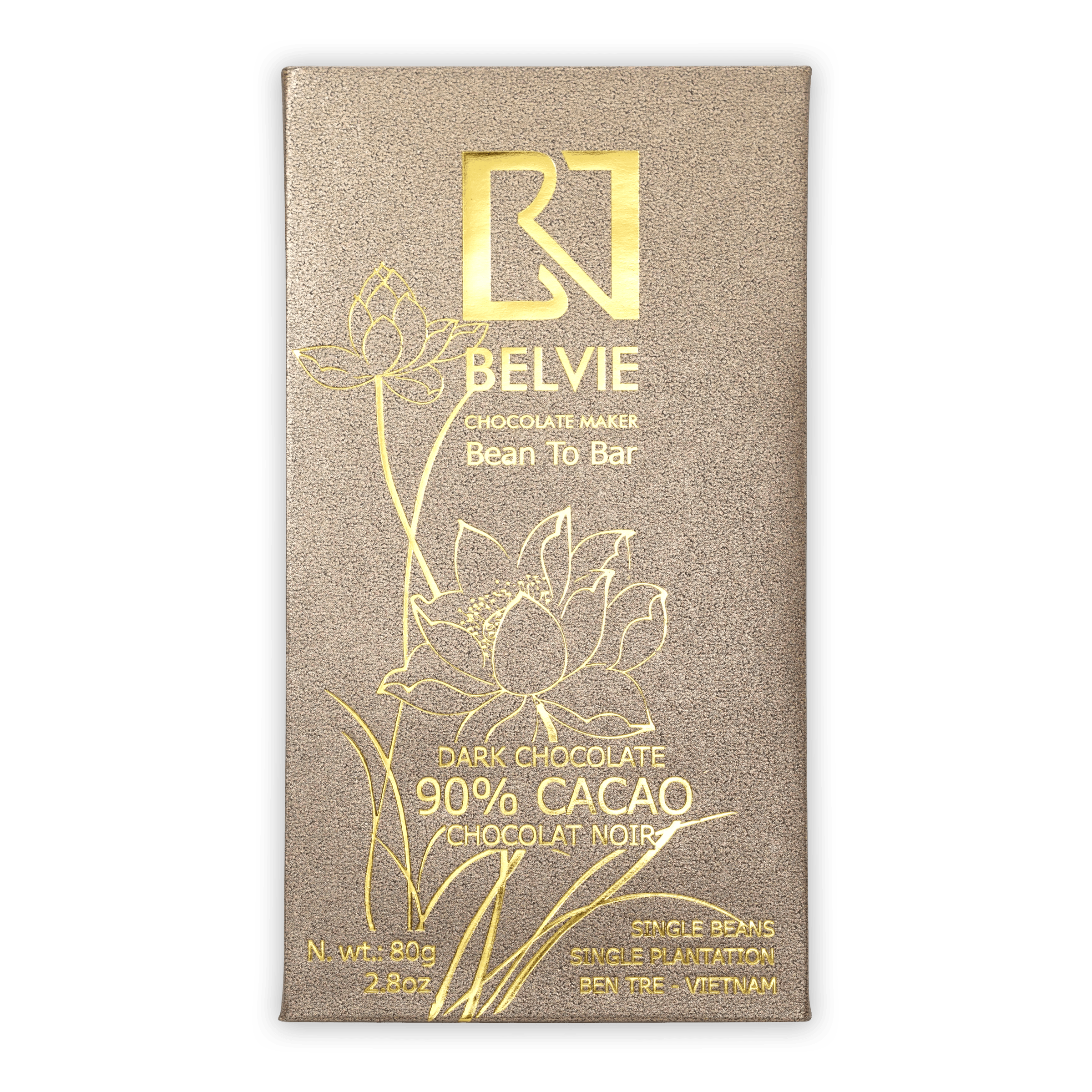 Belvie Noir Dark 90% gold-wrapped chocolate bar with lotus design