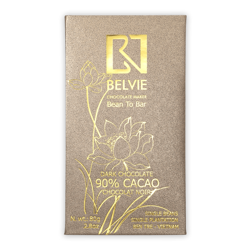 Belvie Noir Dark 90% gold-wrapped chocolate bar with lotus design