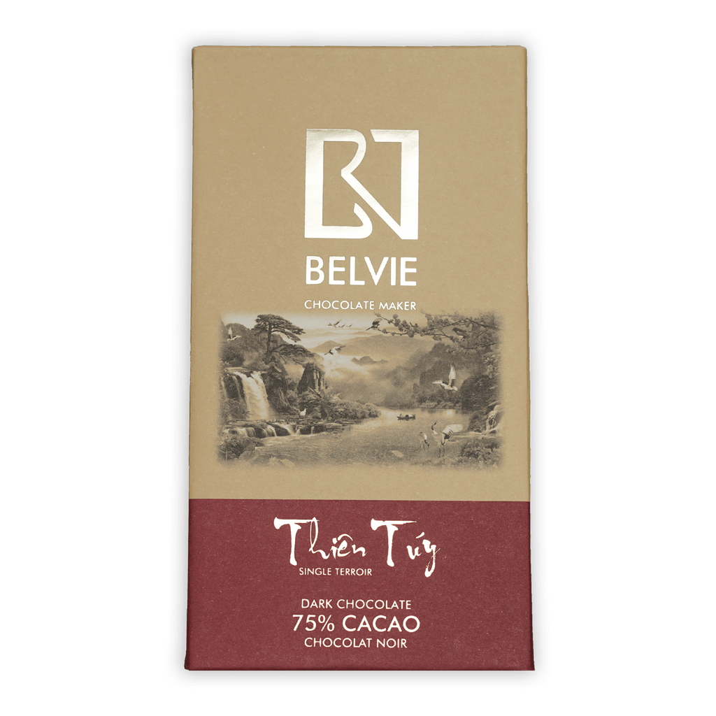 Belvie Thien Tuy 75% cacao dark chocolate bar in beige maroon wrapper