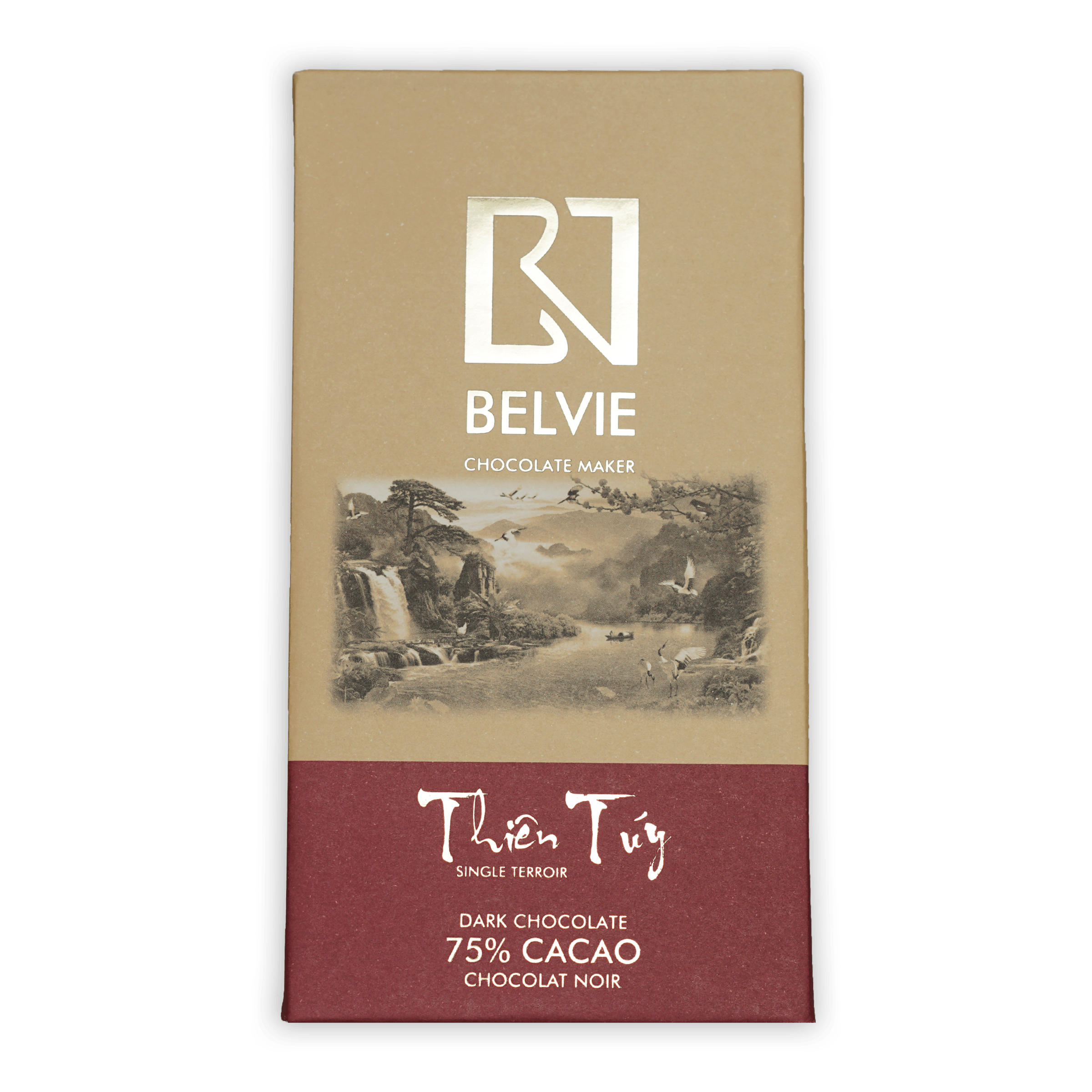 Belvie Thien Tuy 75% cacao dark chocolate bar in beige maroon wrapper