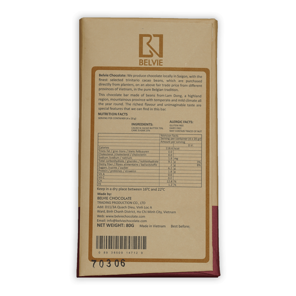 Belvie Thien Tuy 75% chocolate bar back wrapper with gold logo, Belgian origin, ingredients and nutrition
