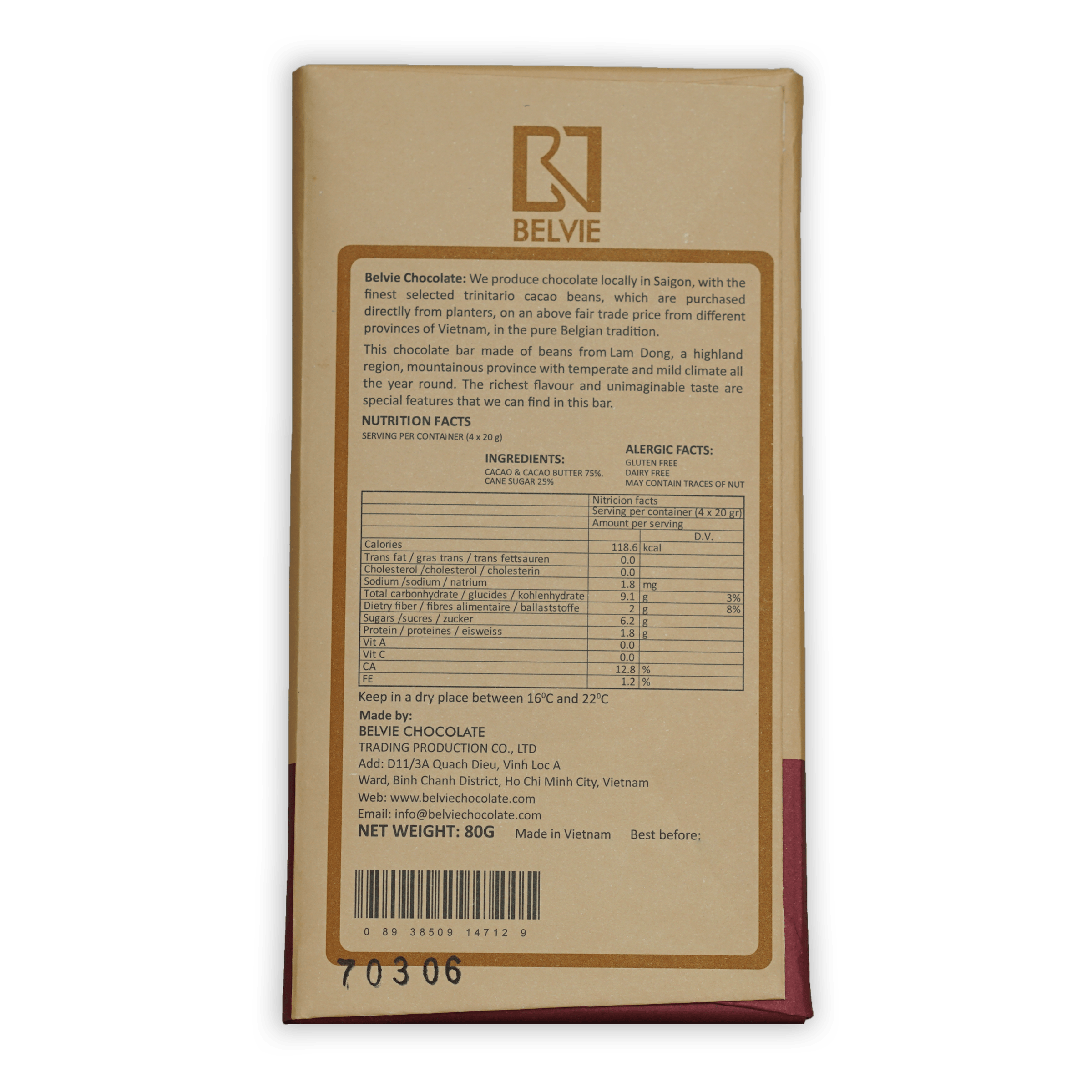 Belvie Thien Tuy 75% chocolate bar back wrapper with gold logo, Belgian origin, ingredients and nutrition