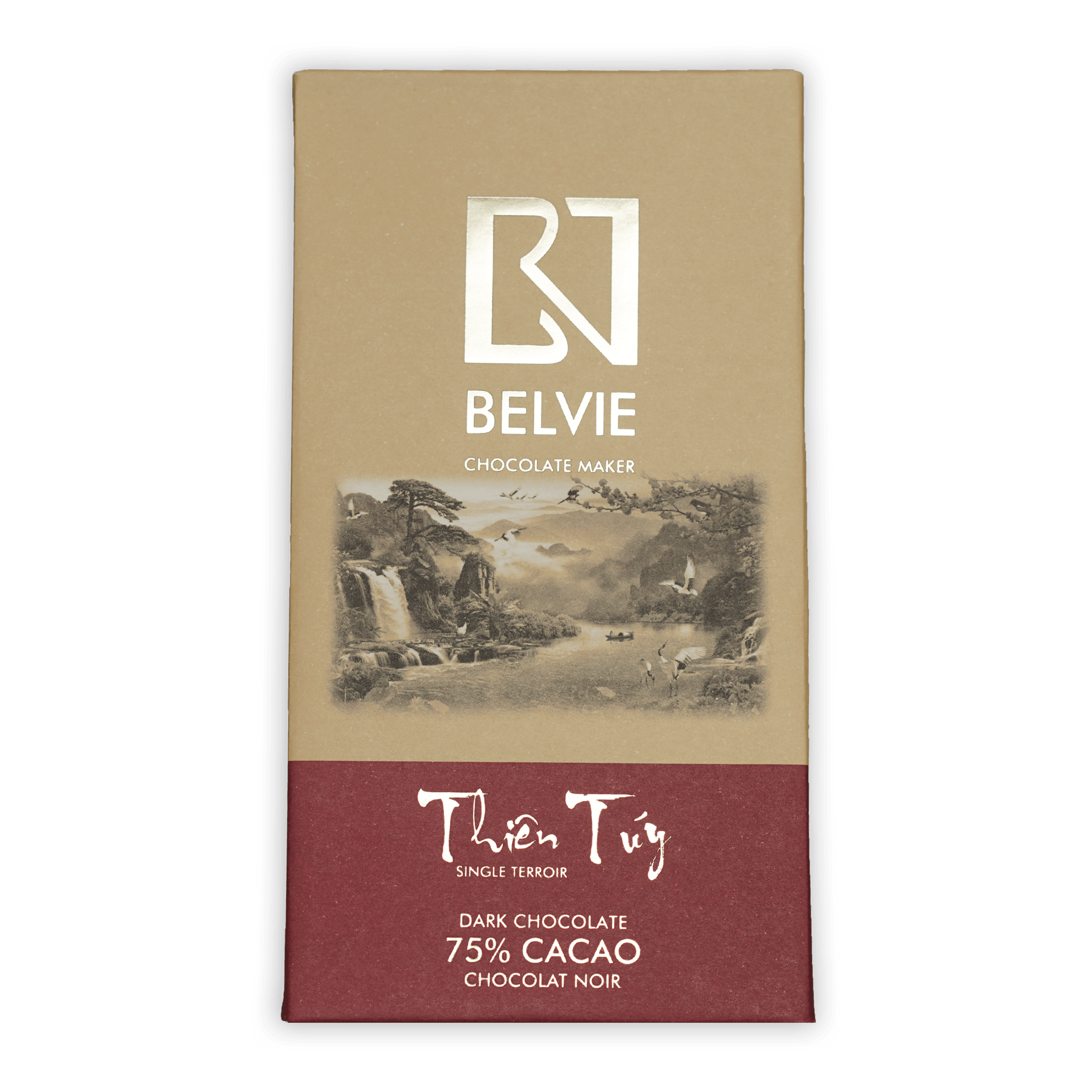 Belvie Thien Tuy 75% cacao dark chocolate bar in beige maroon wrapper