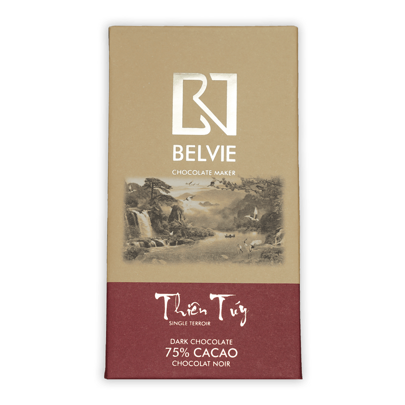 Belvie Thien Tuy 75% cacao dark chocolate bar in beige maroon wrapper