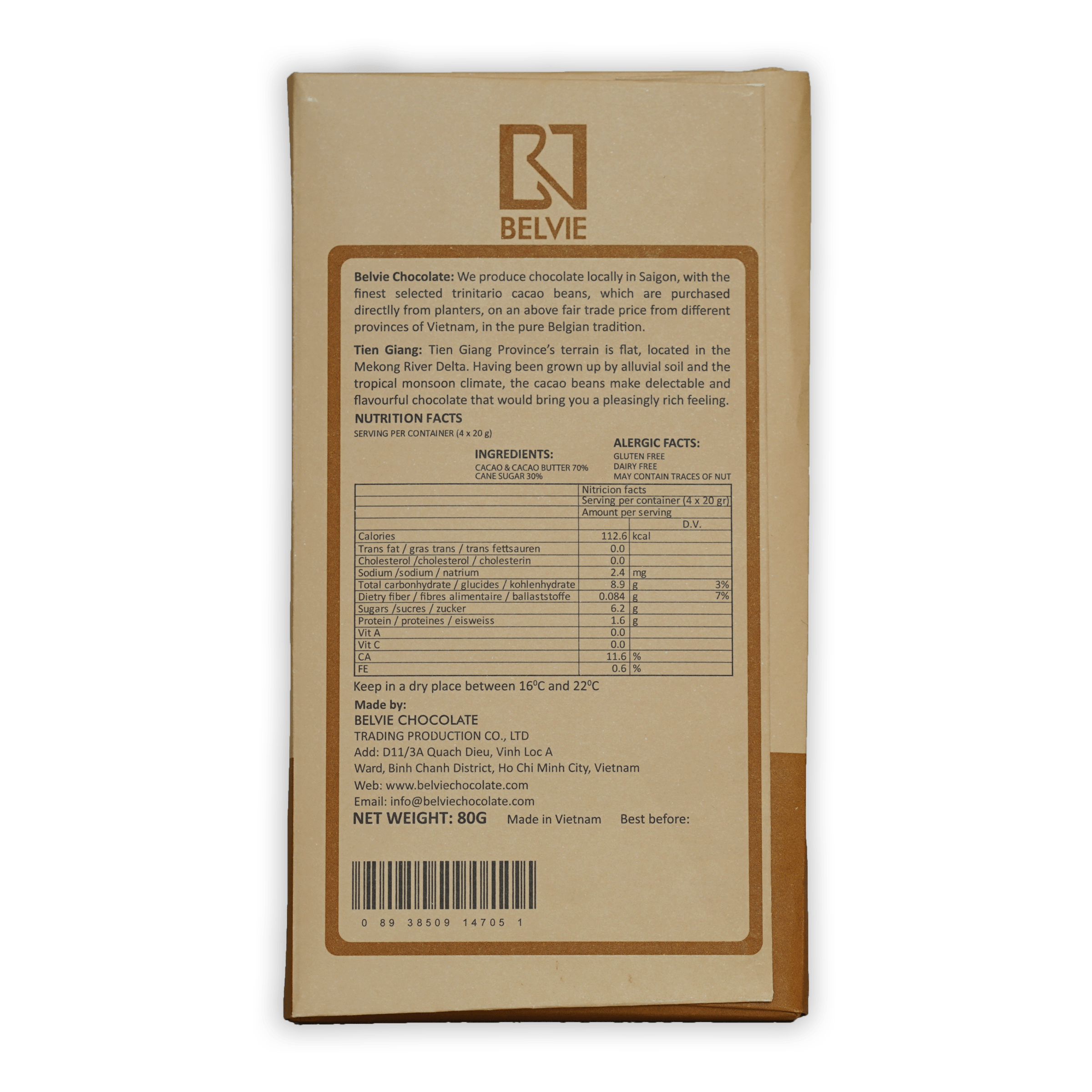 Belvie Tien Giang 70% chocolate bar in beige brown wrapper