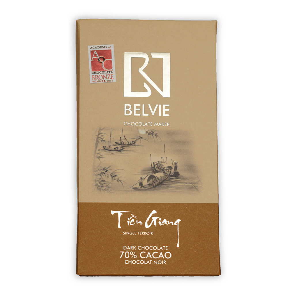 Belvie Tien Giang 70% dark chocolate bar with boats wrapper