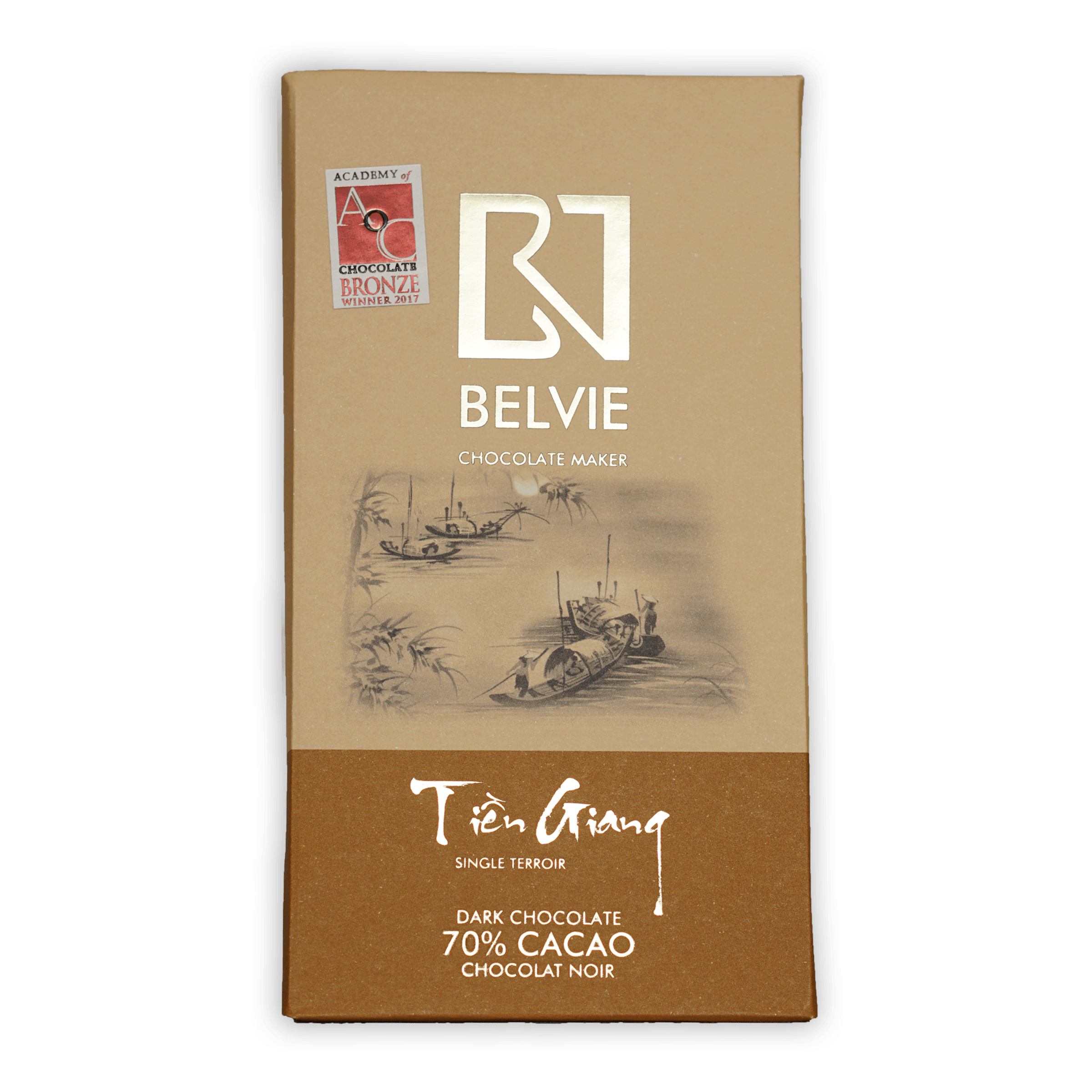 Belvie Tien Giang 70% dark chocolate bar with boats wrapper