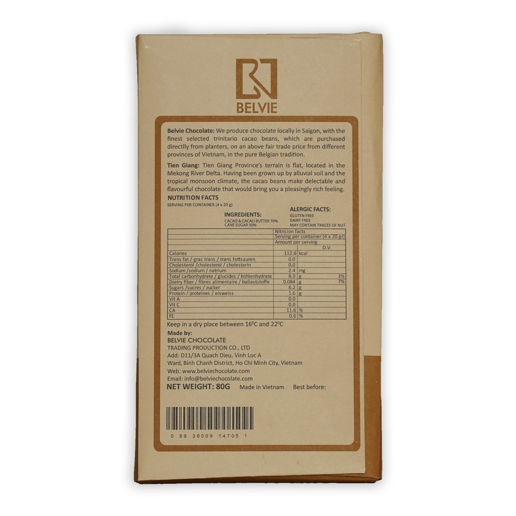 Belvie Tien Giang 70% chocolate bar in beige brown wrapper