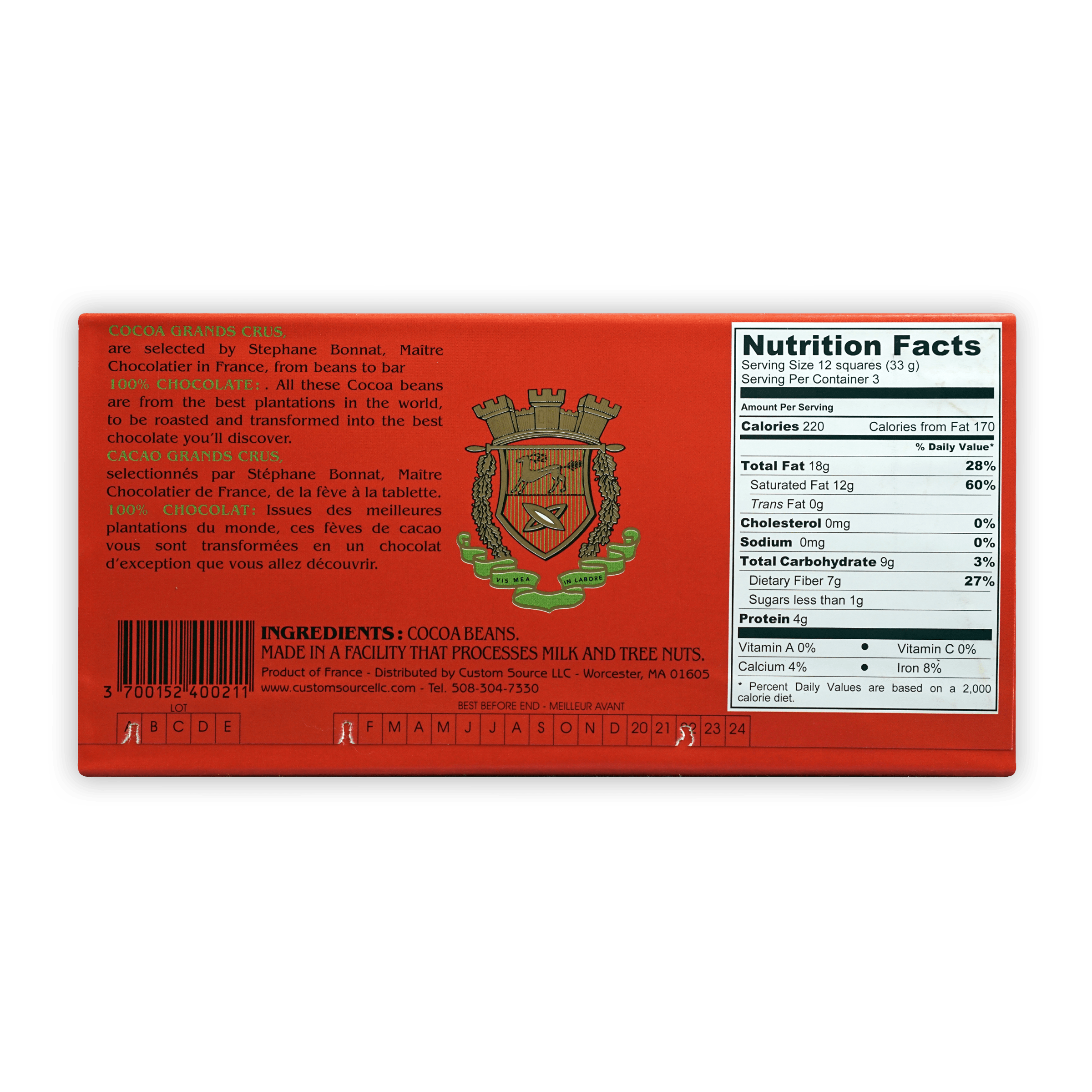 Bonnat 100% Noir Cacao red box with green gold crest