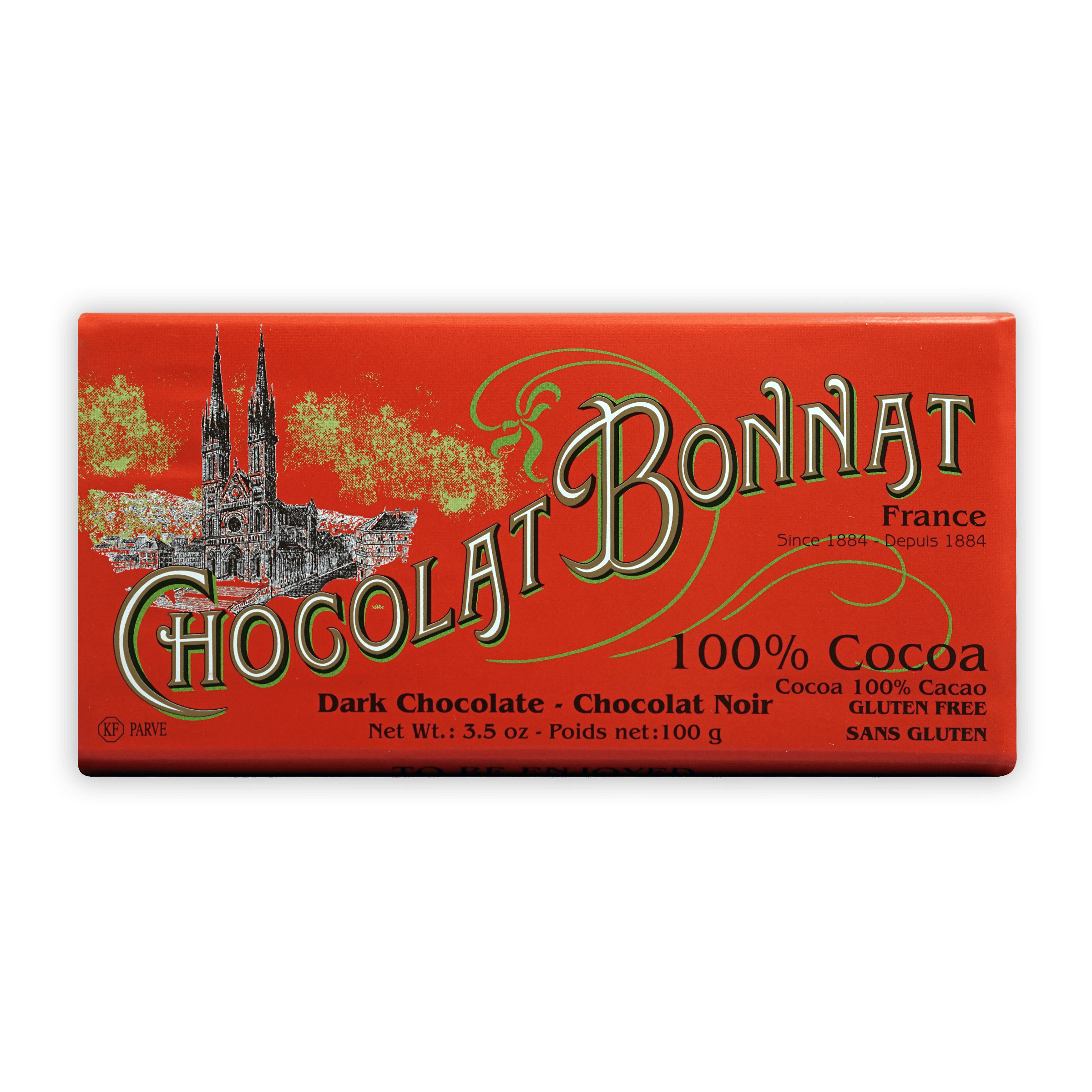 Bonnat 100% Noir Cacao bar with vibrant red wrapper and cathedral illustration