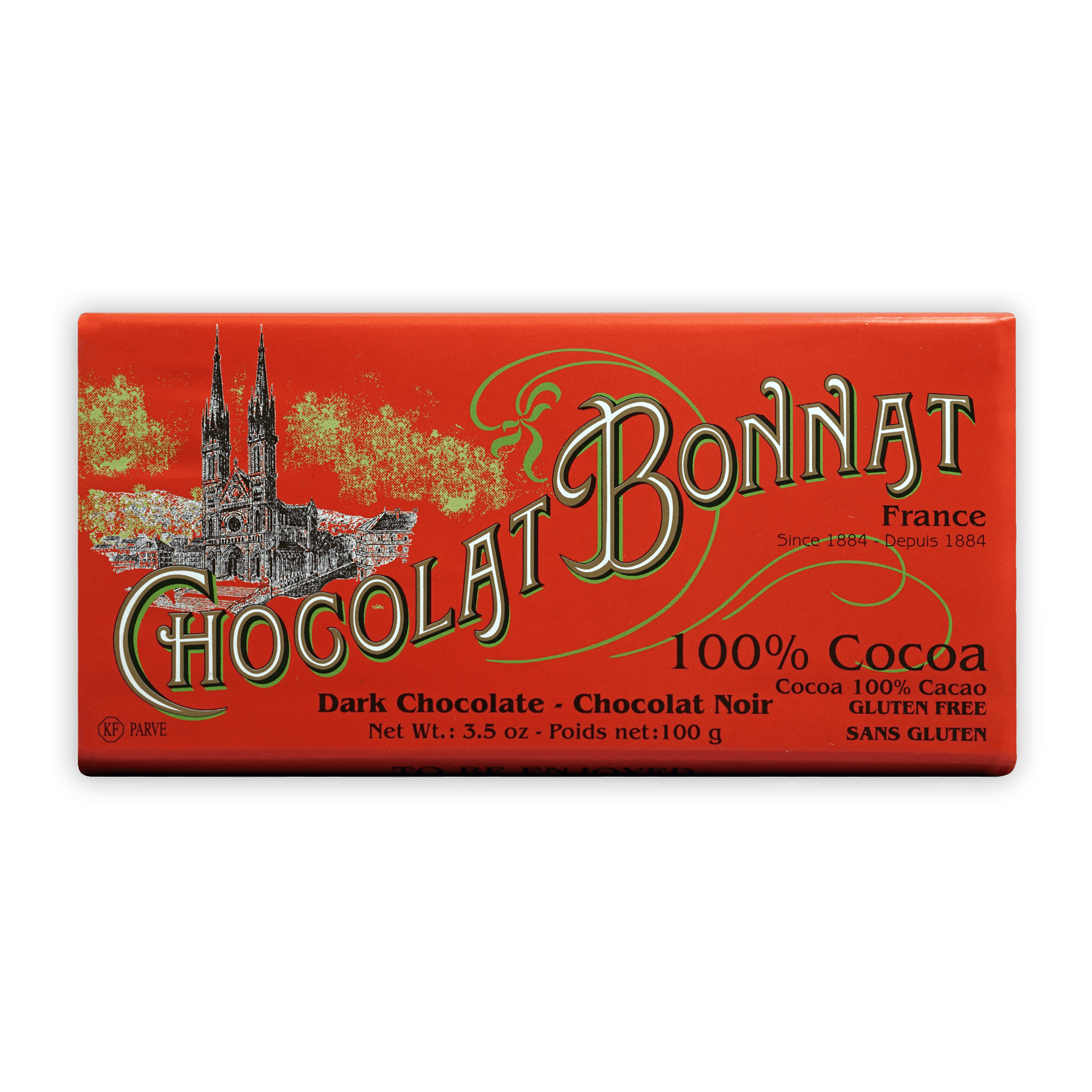 Bonnat 100% Noir Cacao bar with vibrant red wrapper and cathedral illustration