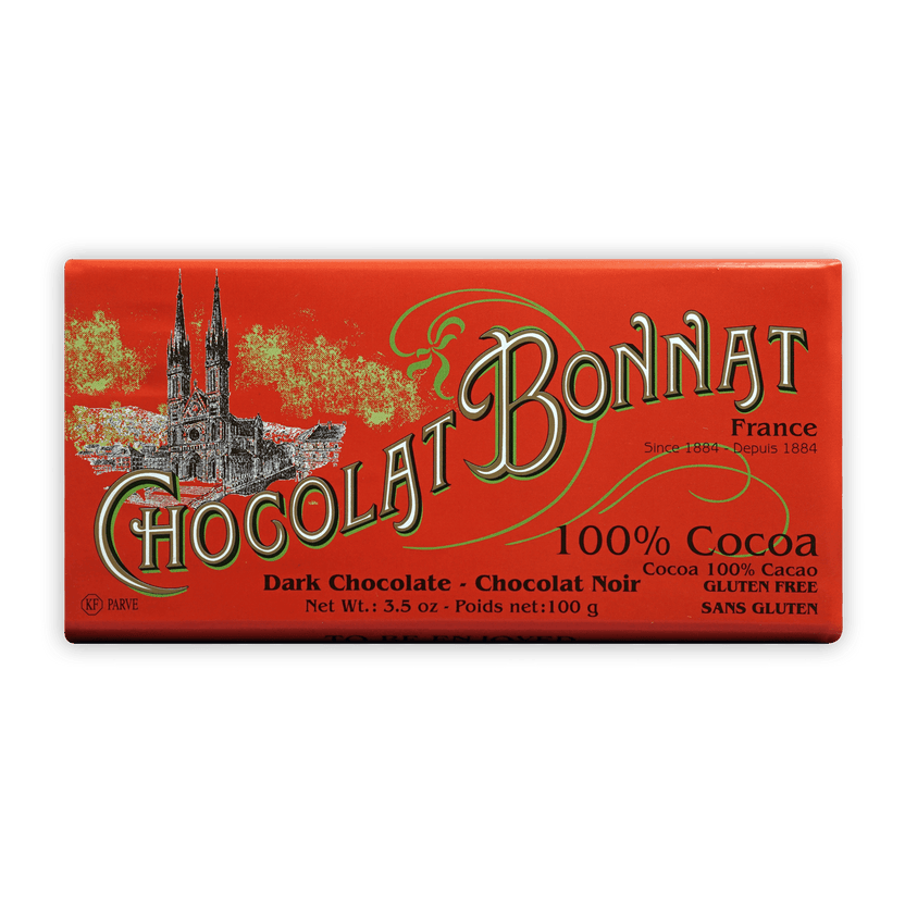 Bonnat 100% Noir Cacao bar with vibrant red wrapper and cathedral illustration
