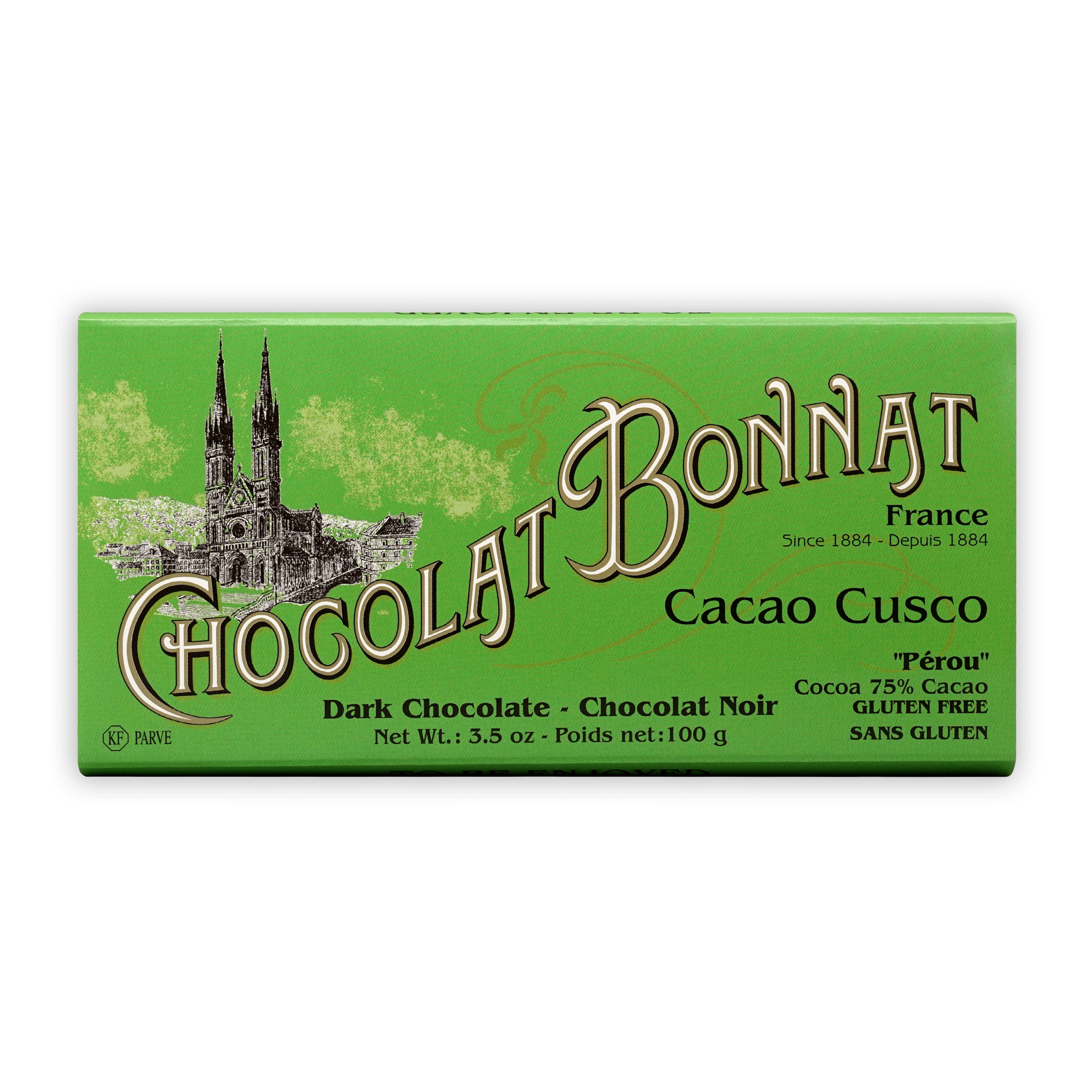 Bonnat Cacao Cusco 75% dark chocolate bar with green wrapper and cathedral illustration