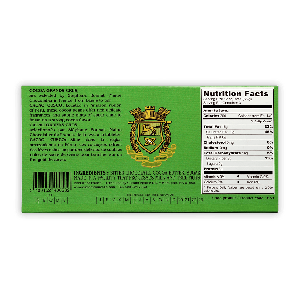 Bonnat Cacao Cusco 75% green box with gold crest and nutrition label