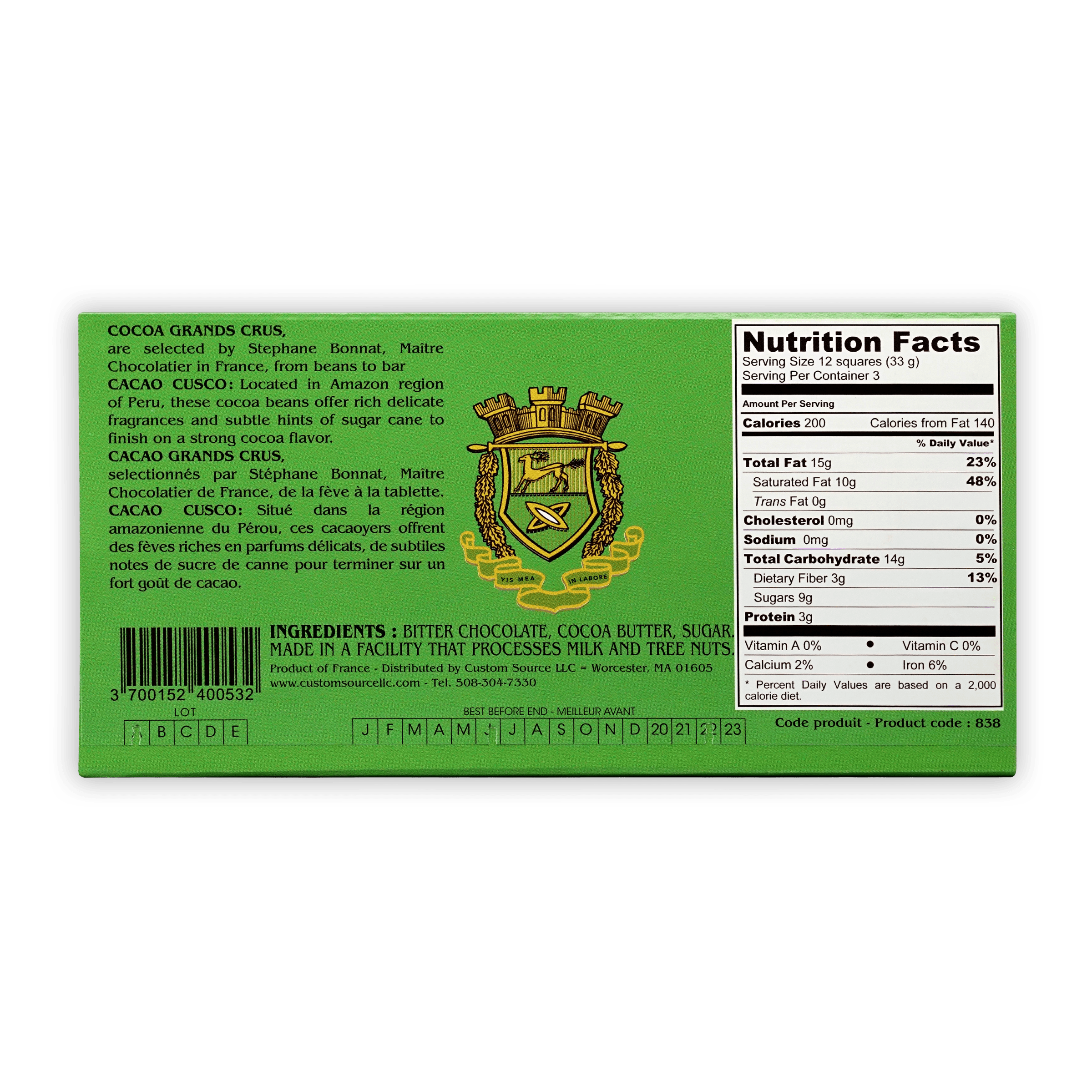 Bonnat Cacao Cusco 75% green box with gold crest and nutrition label