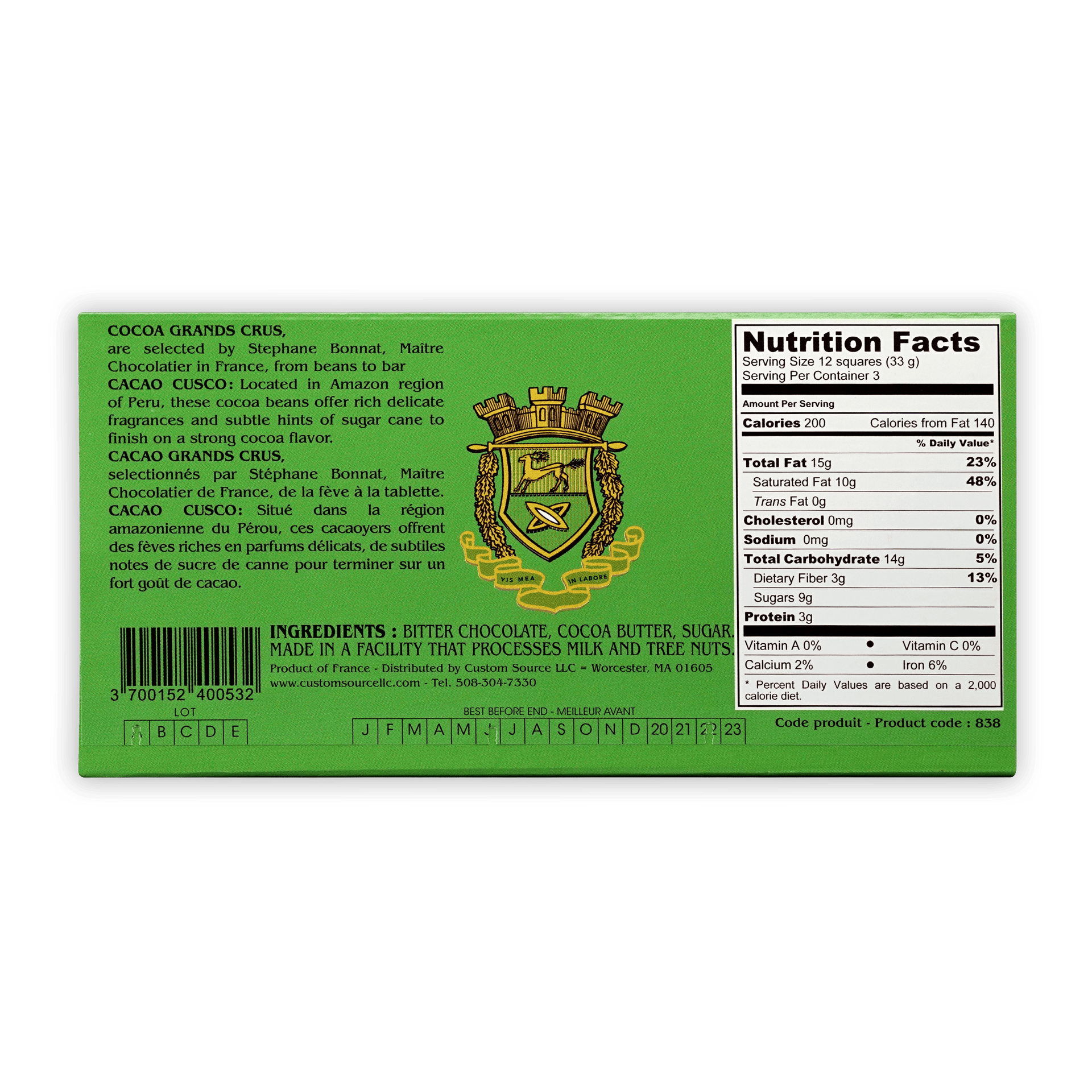 Bonnat Cacao Cusco 75% green box with gold crest and nutrition label