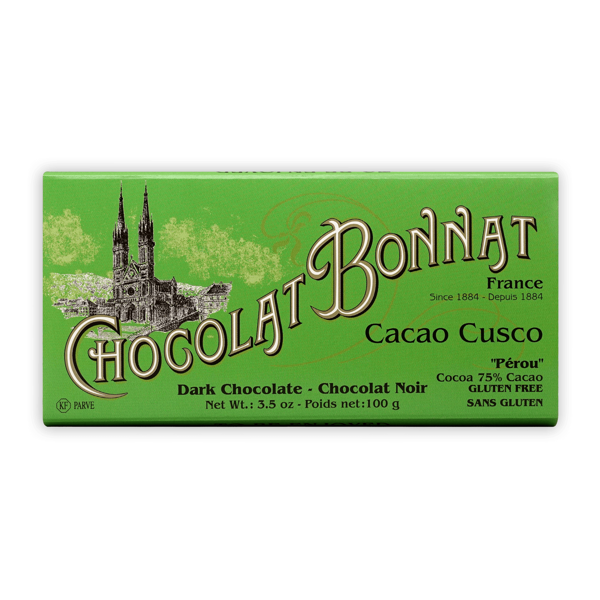 Bonnat Cacao Cusco 75% dark chocolate bar with green wrapper and cathedral illustration