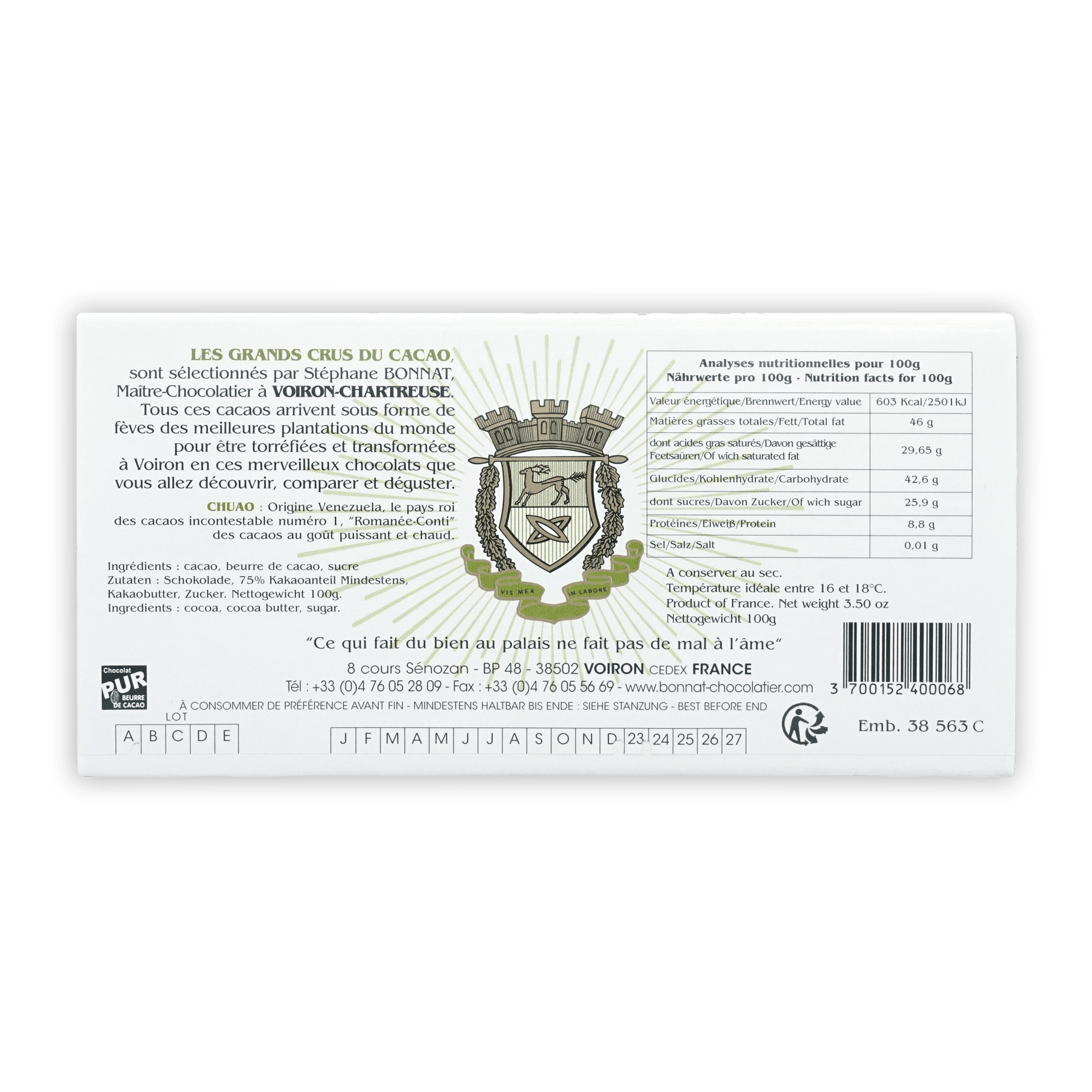 Bonnat Chuao Venezuela 75% white wrapper back with French info