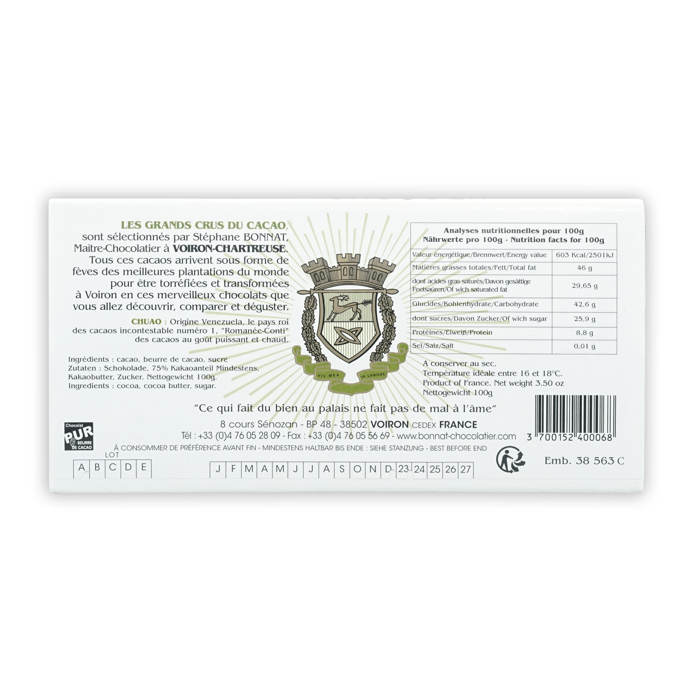 Bonnat Chuao Venezuela 75% white wrapper back with French info