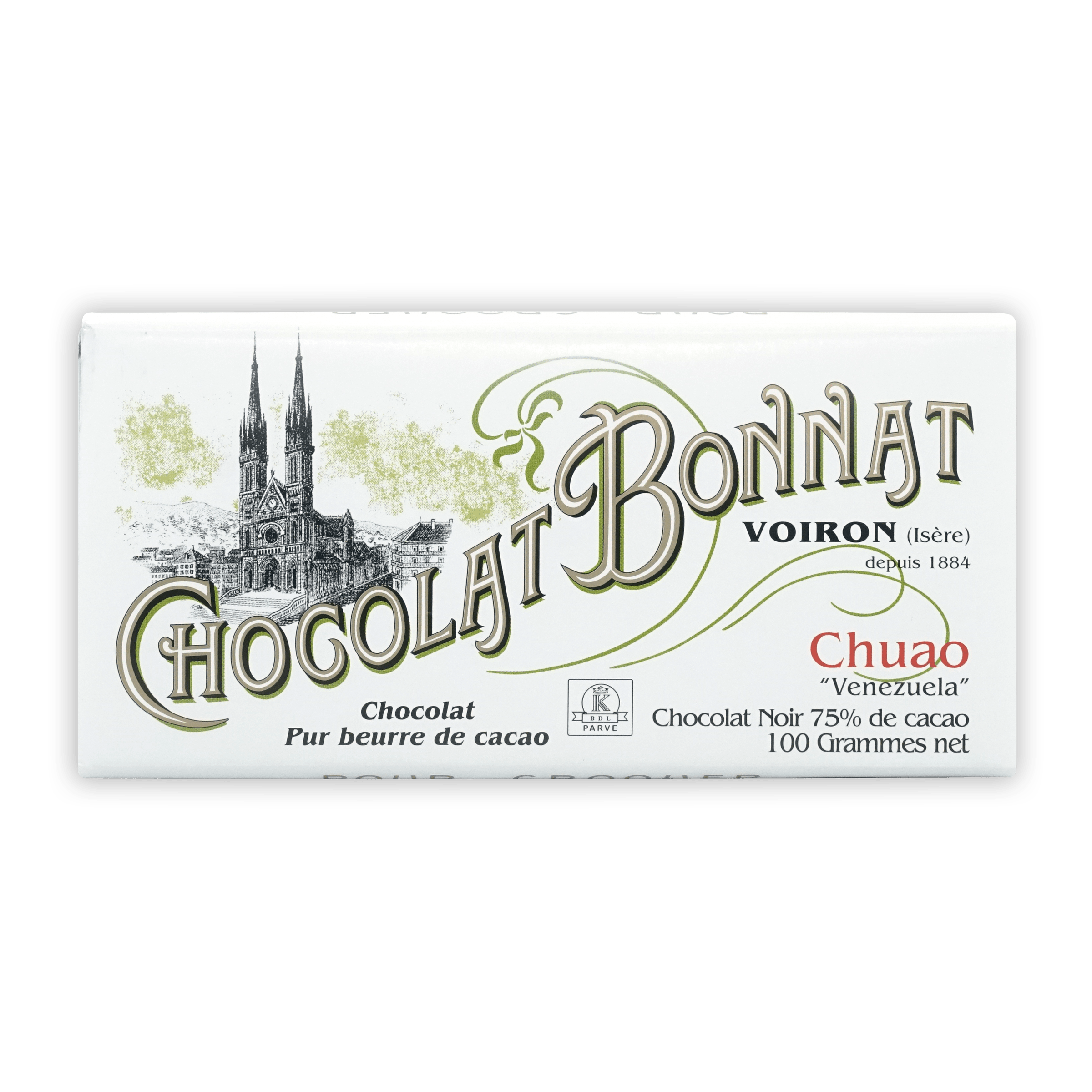 Bonnat Chuao Venezuela 75% chocolate bar wrapper with Voiron cathedral