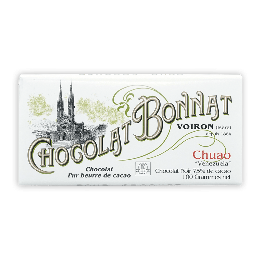 Bonnat Chuao Venezuela 75% chocolate bar wrapper with Voiron cathedral