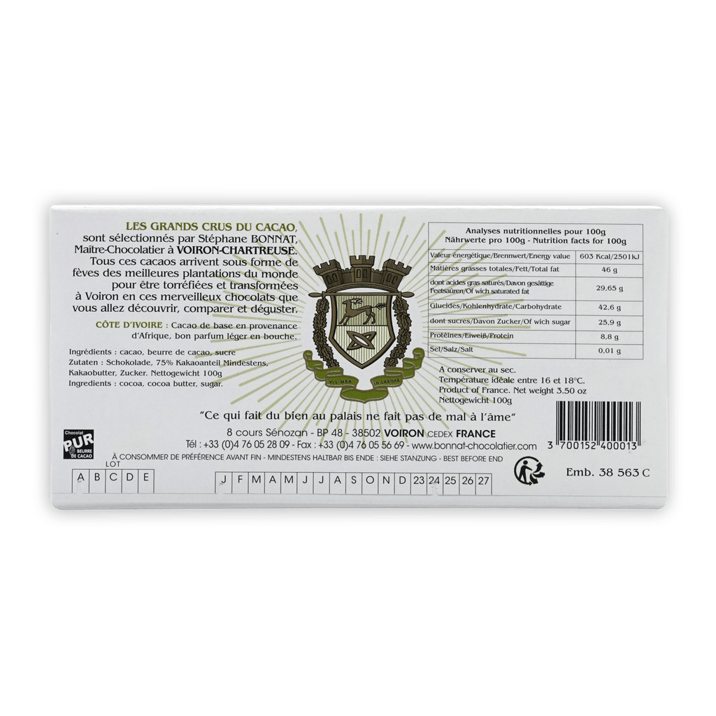 Back of Bonnat Cote d’Ivoire 75% chocolate white label with French nutrition facts