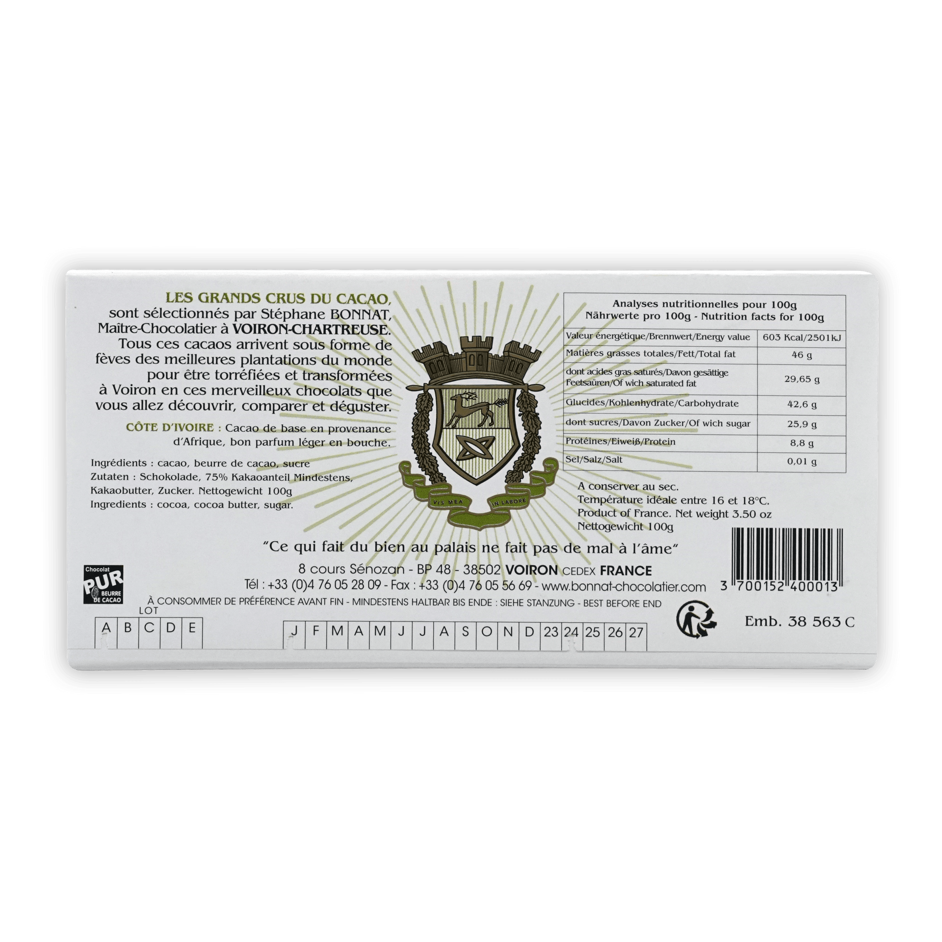Back of Bonnat Cote d’Ivoire 75% chocolate white label with French nutrition facts