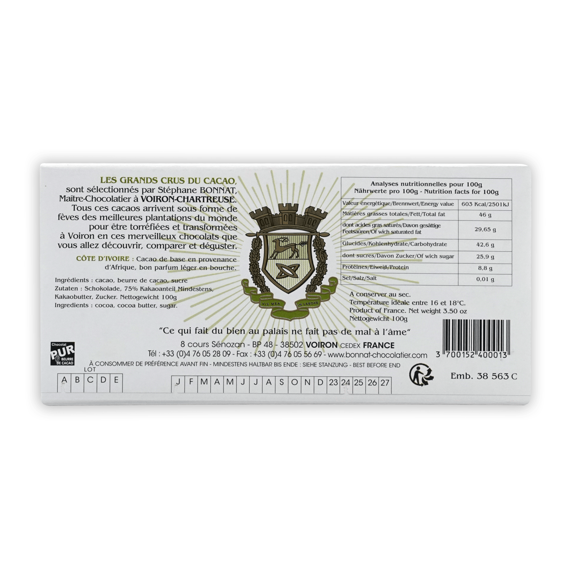 Back of Bonnat Cote d’Ivoire 75% chocolate white label with French nutrition facts