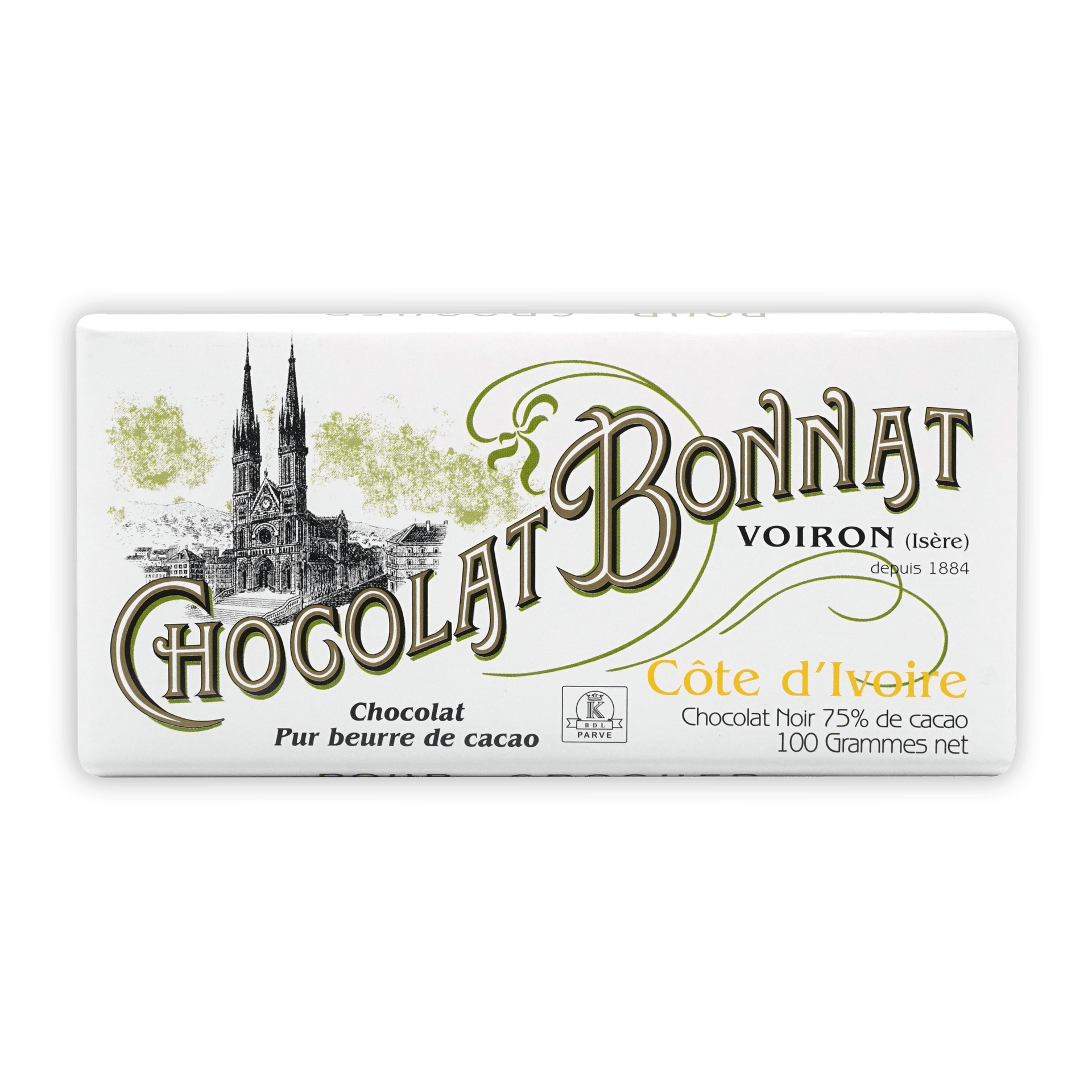 Bonnat Cote d’Ivoire 75% white chocolate bar with green gold cathedral lettering