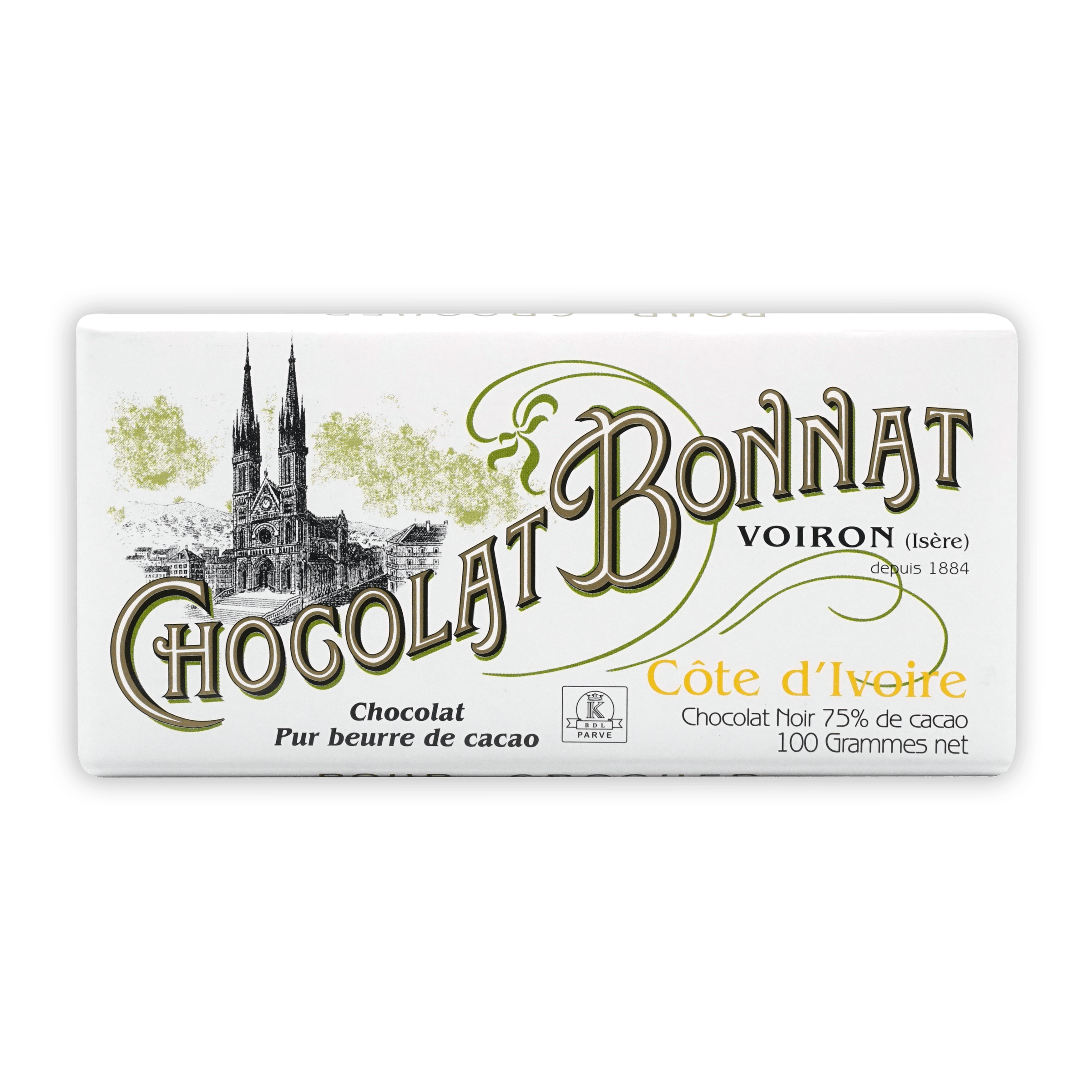 Bonnat Cote d’Ivoire 75% white chocolate bar with green gold cathedral lettering