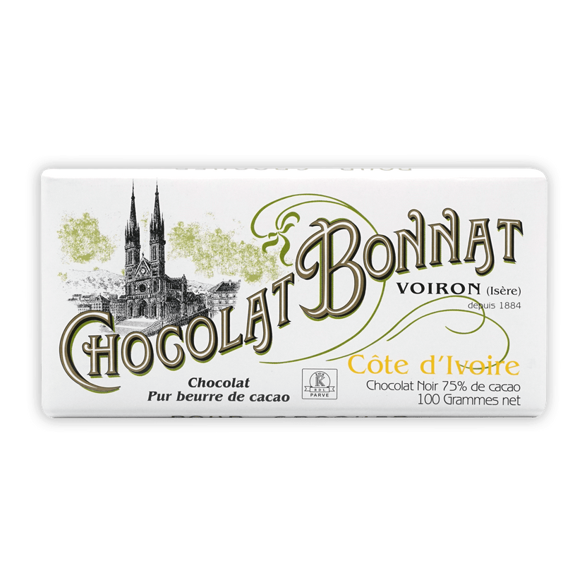 Bonnat Cote d’Ivoire 75% white chocolate bar with green gold cathedral lettering