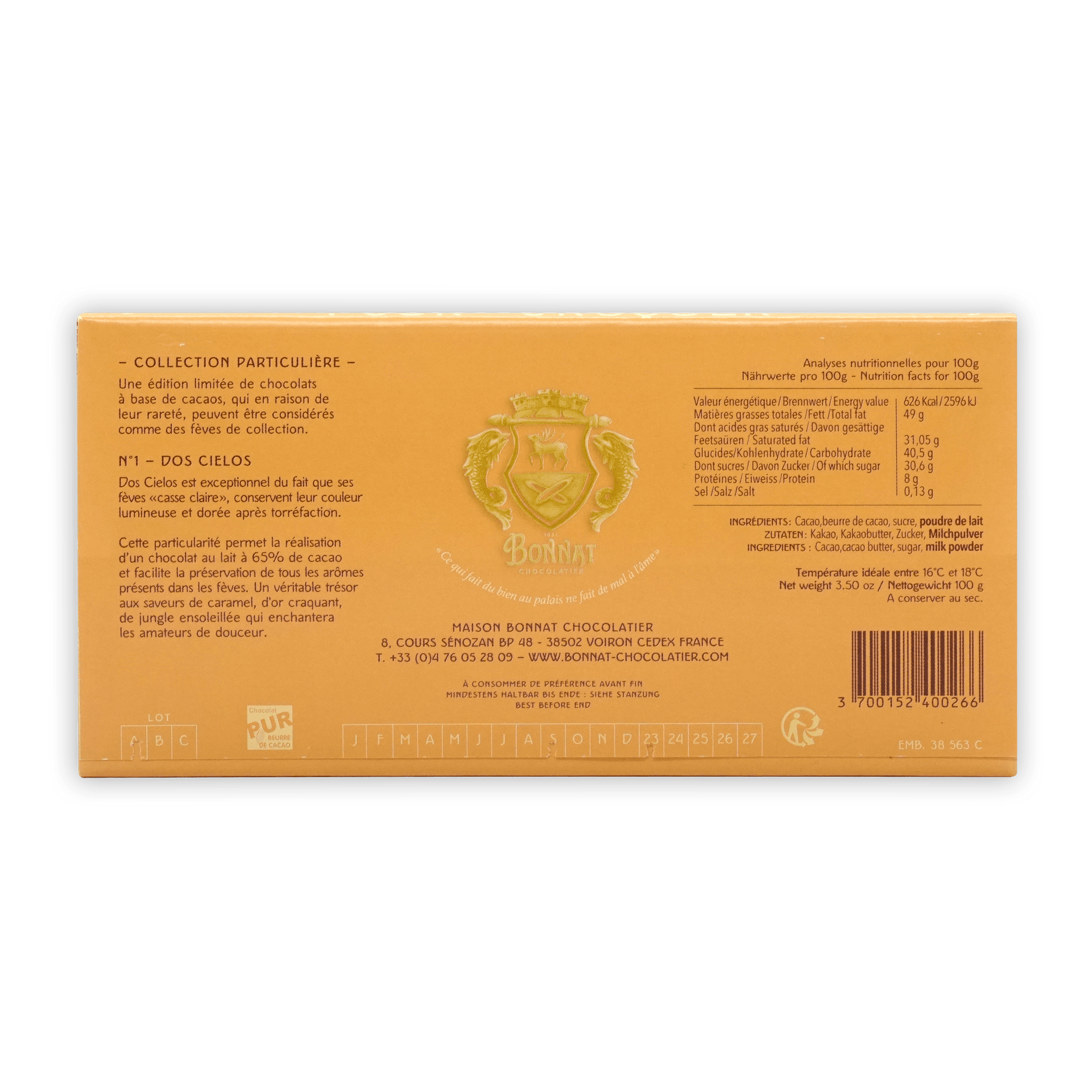 Bonnat Dos Cielos Colombia Milk 65% golden wrapper with crest