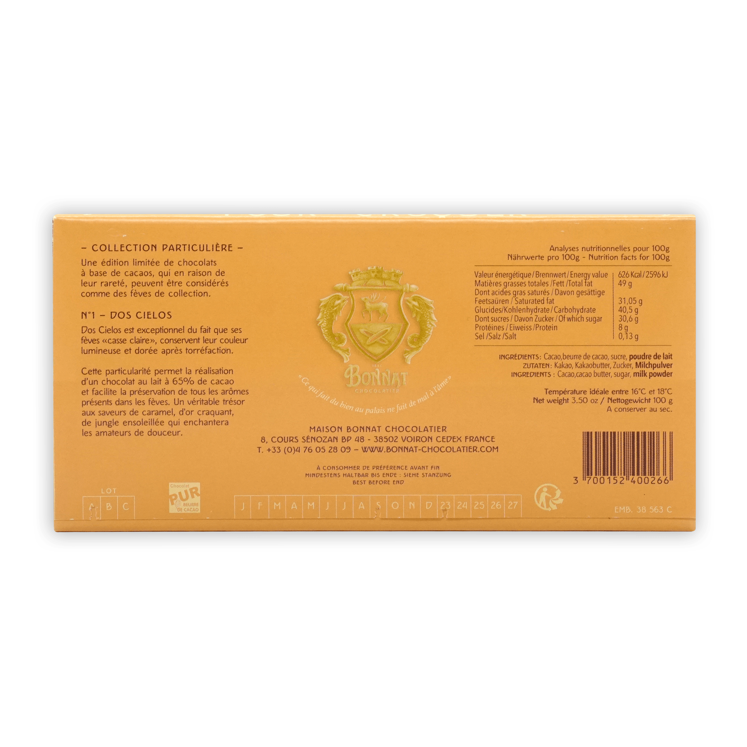 Bonnat Dos Cielos Colombia Milk 65% golden wrapper with crest