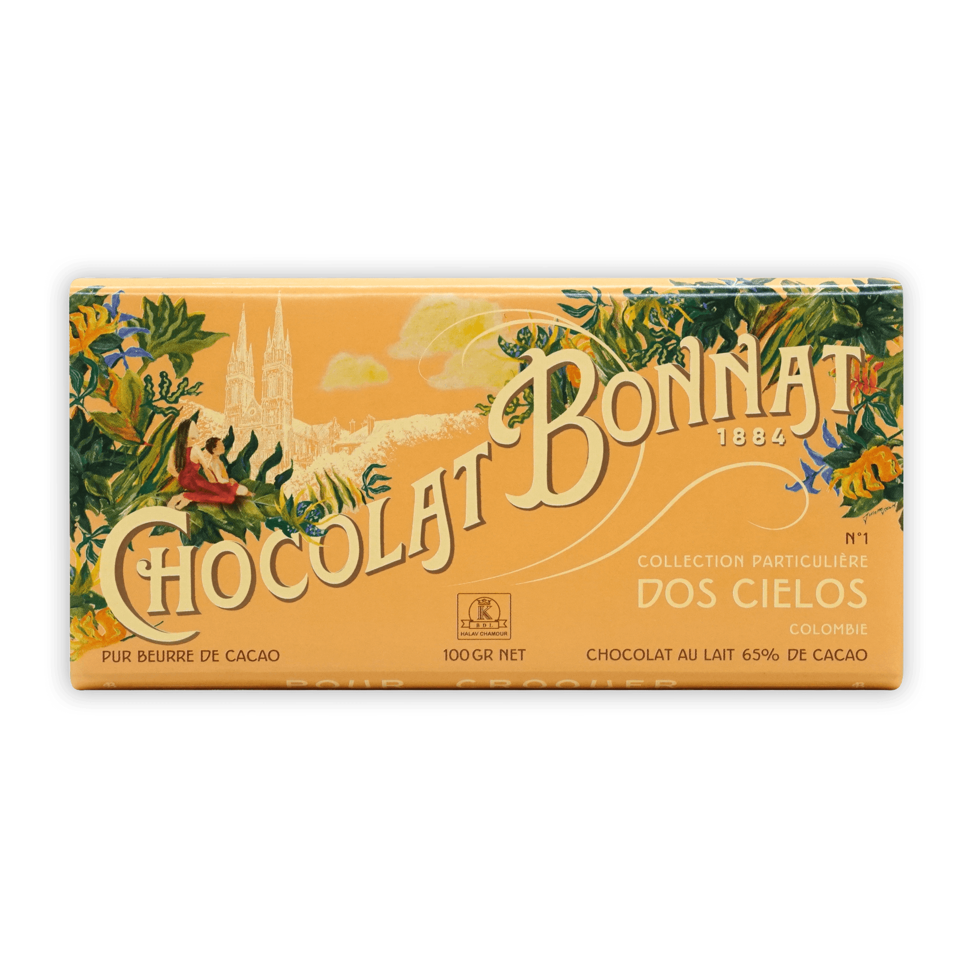 Vintage orange Bonnat Dos Cielos Colombia Milk 65% wrapper with botanicals