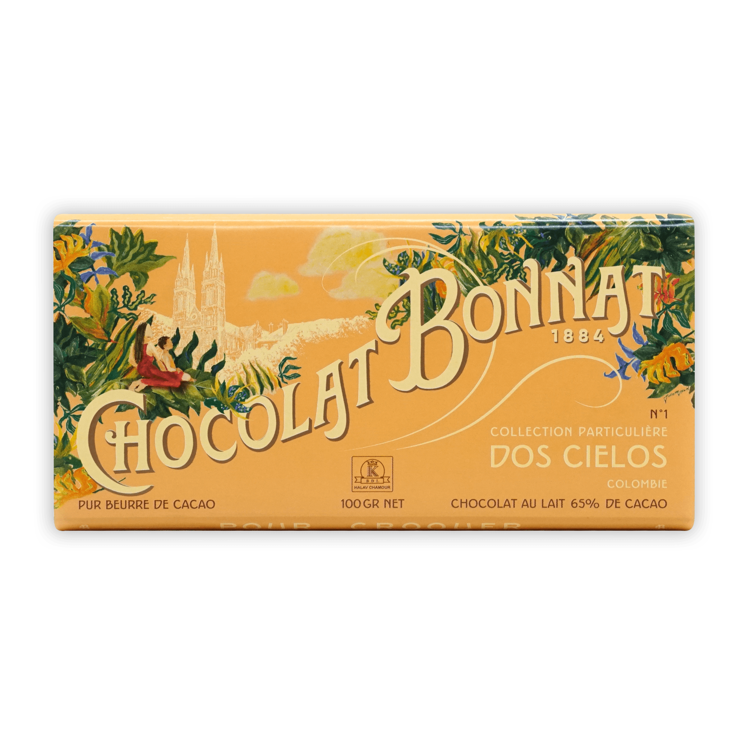 Vintage orange Bonnat Dos Cielos Colombia Milk 65% wrapper with botanicals