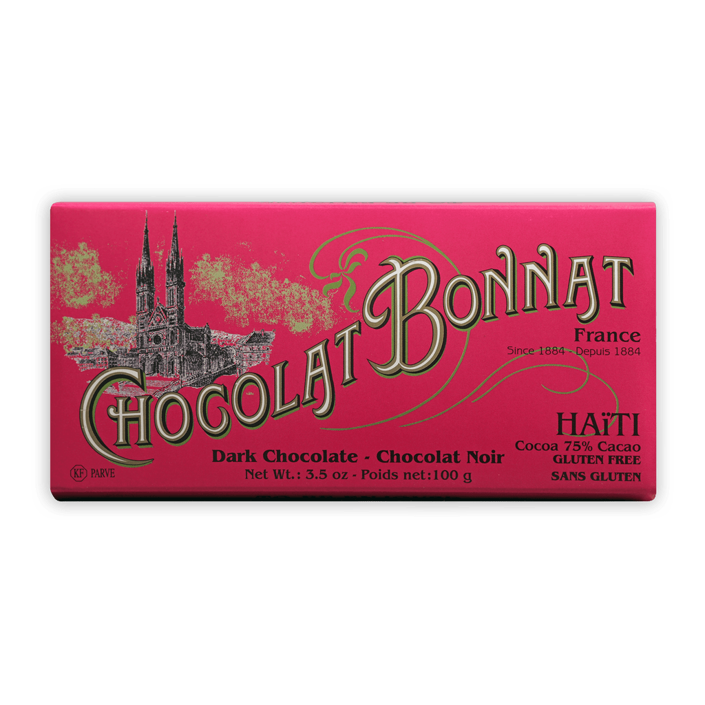 Bonnat Haiti 75% dark chocolate bar wrapper with pink cathedral design