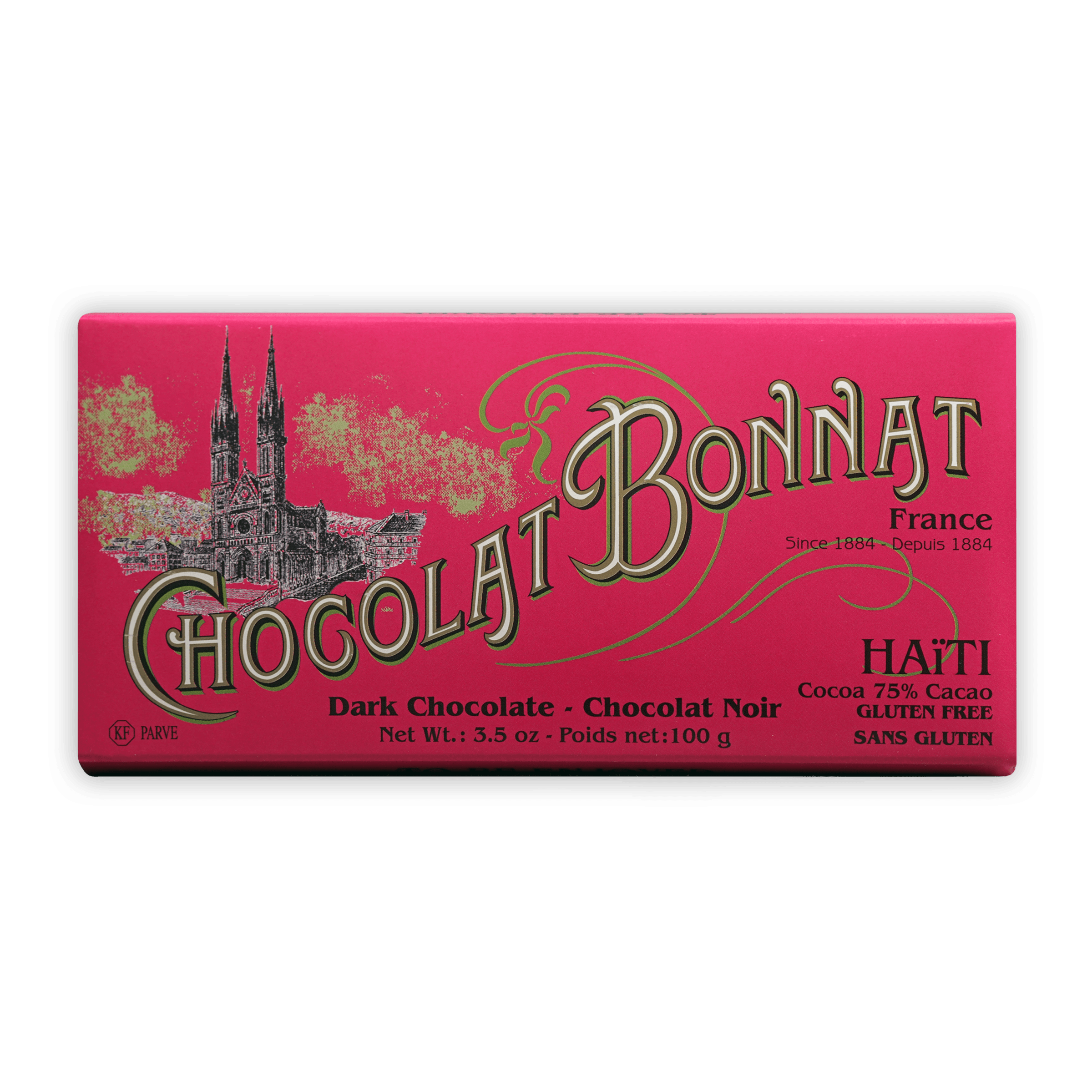 Bonnat Haiti 75% dark chocolate bar wrapper with pink cathedral design