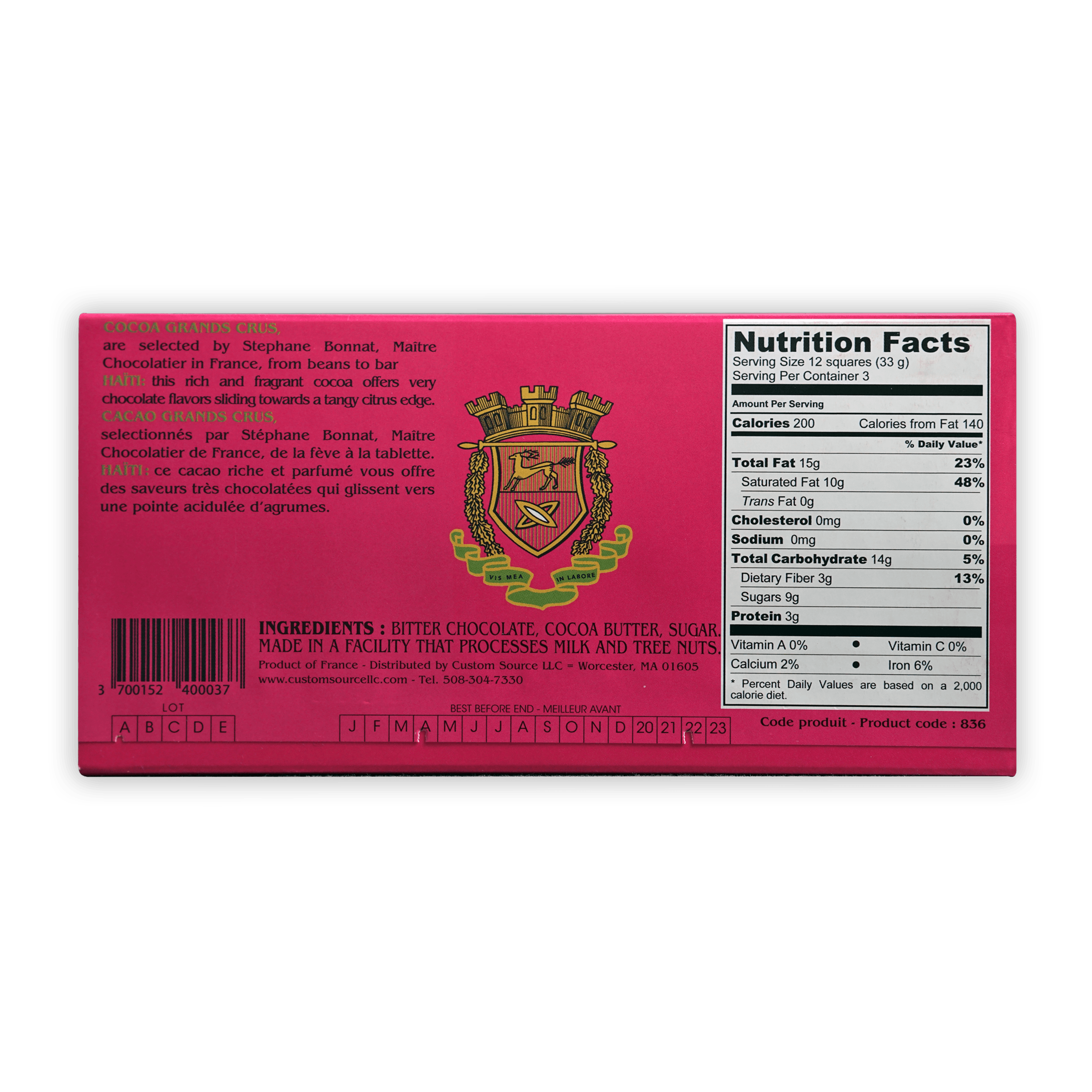 Back of Bonnat Haiti 75% pink box with gold crest and nutrition info