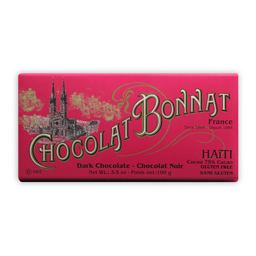 Bonnat Haiti 75% dark chocolate bar wrapper with pink cathedral design