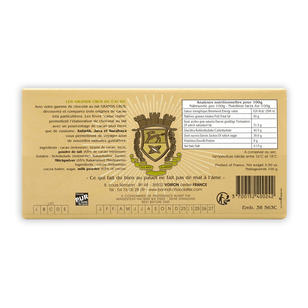 Bonnat Indonesia Java Milk 65% gold wrapper with crest and nutrition info