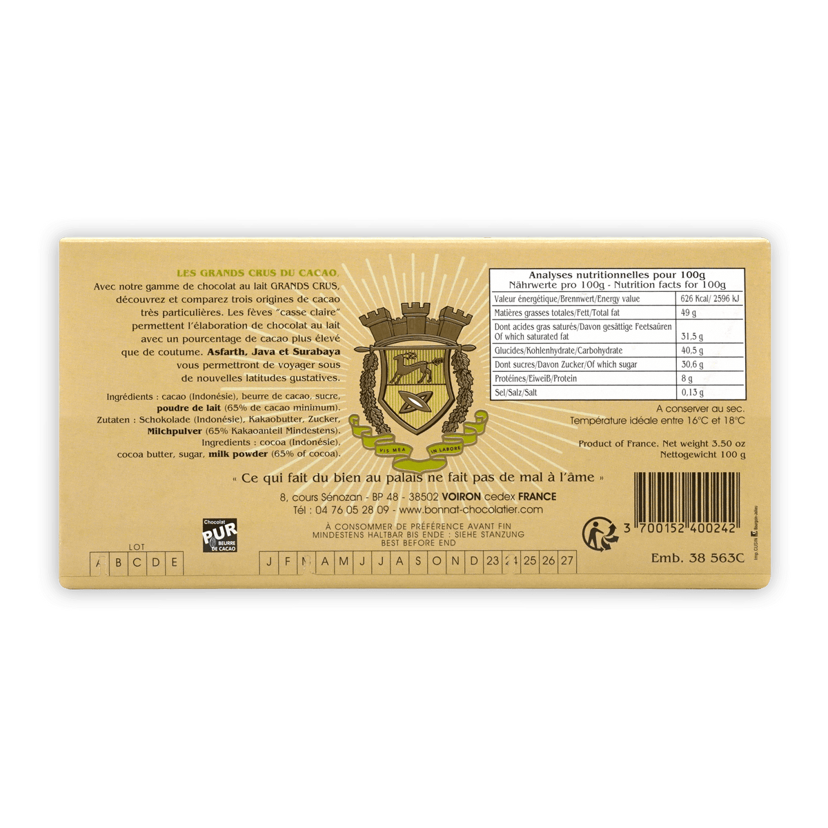 Bonnat Indonesia Java Milk 65% gold wrapper with crest and nutrition info