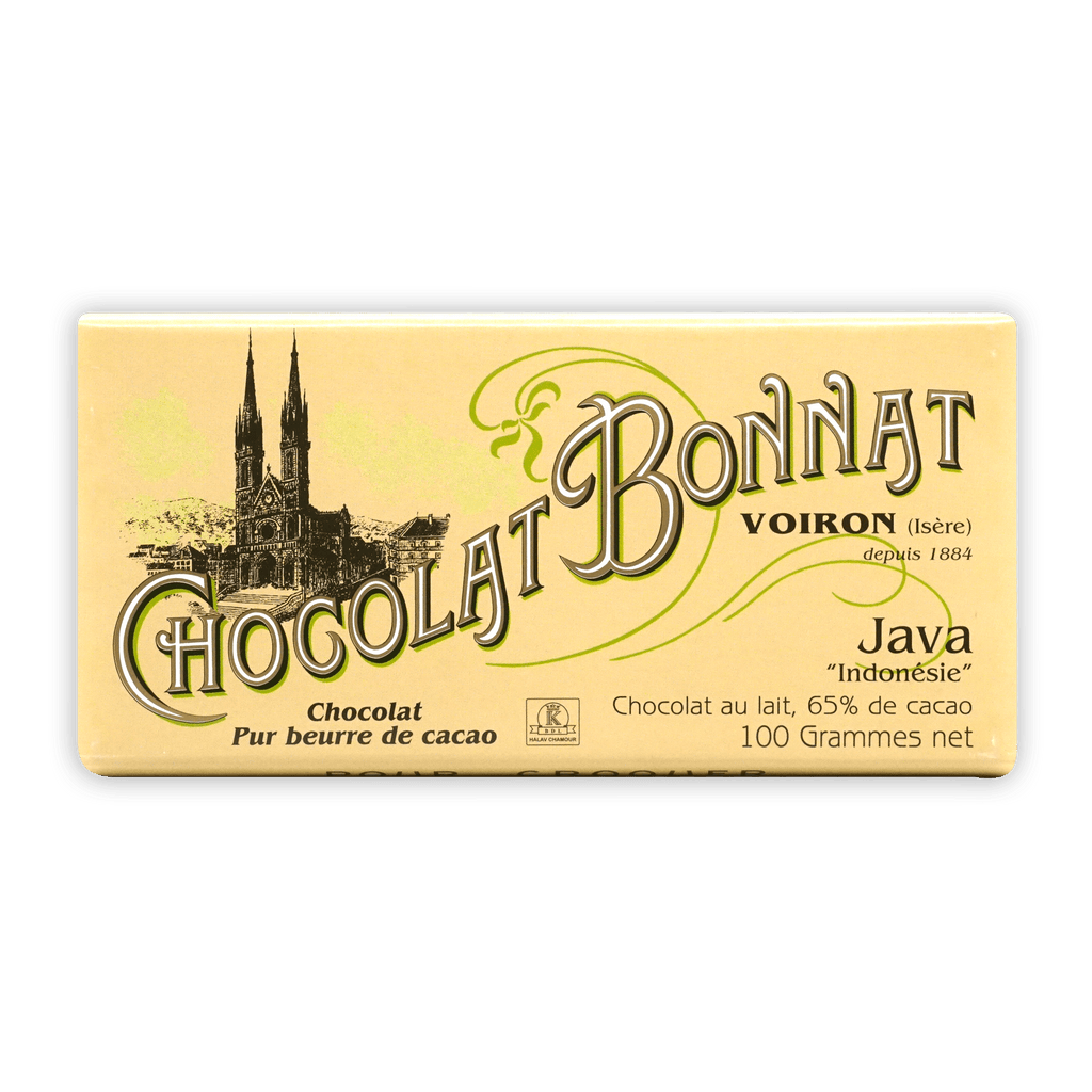 Bonnat Indonesia Java Milk 65% bar in creamy yellow wrapper with church illustration