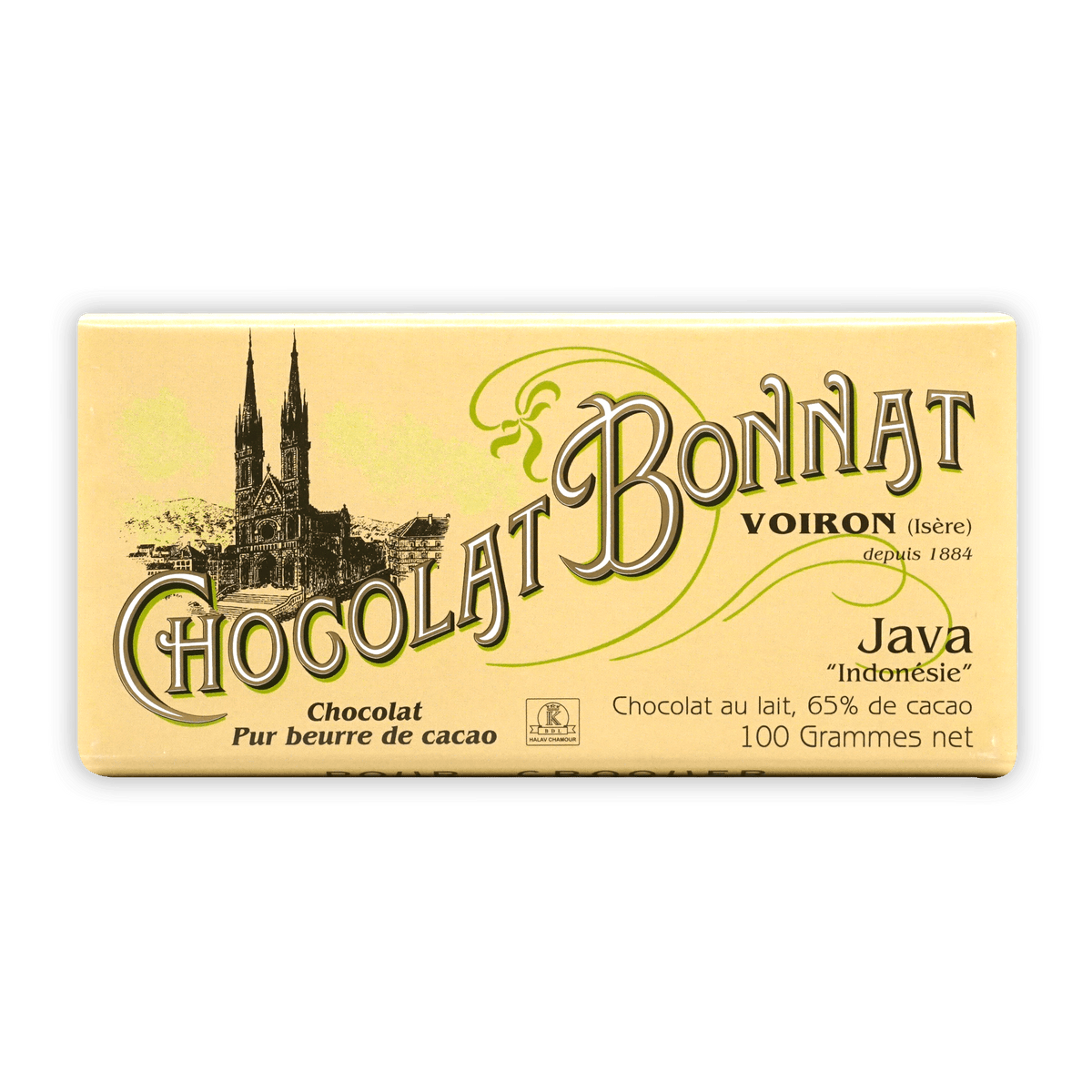 Bonnat Indonesia Java Milk 65% bar in creamy yellow wrapper with church illustration