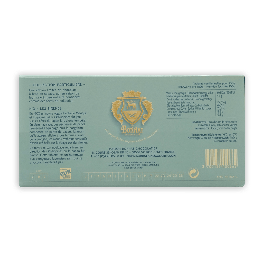 Back of Bonnat Les Sirenes Philippines 75% light teal wrapper with gold foil and French text