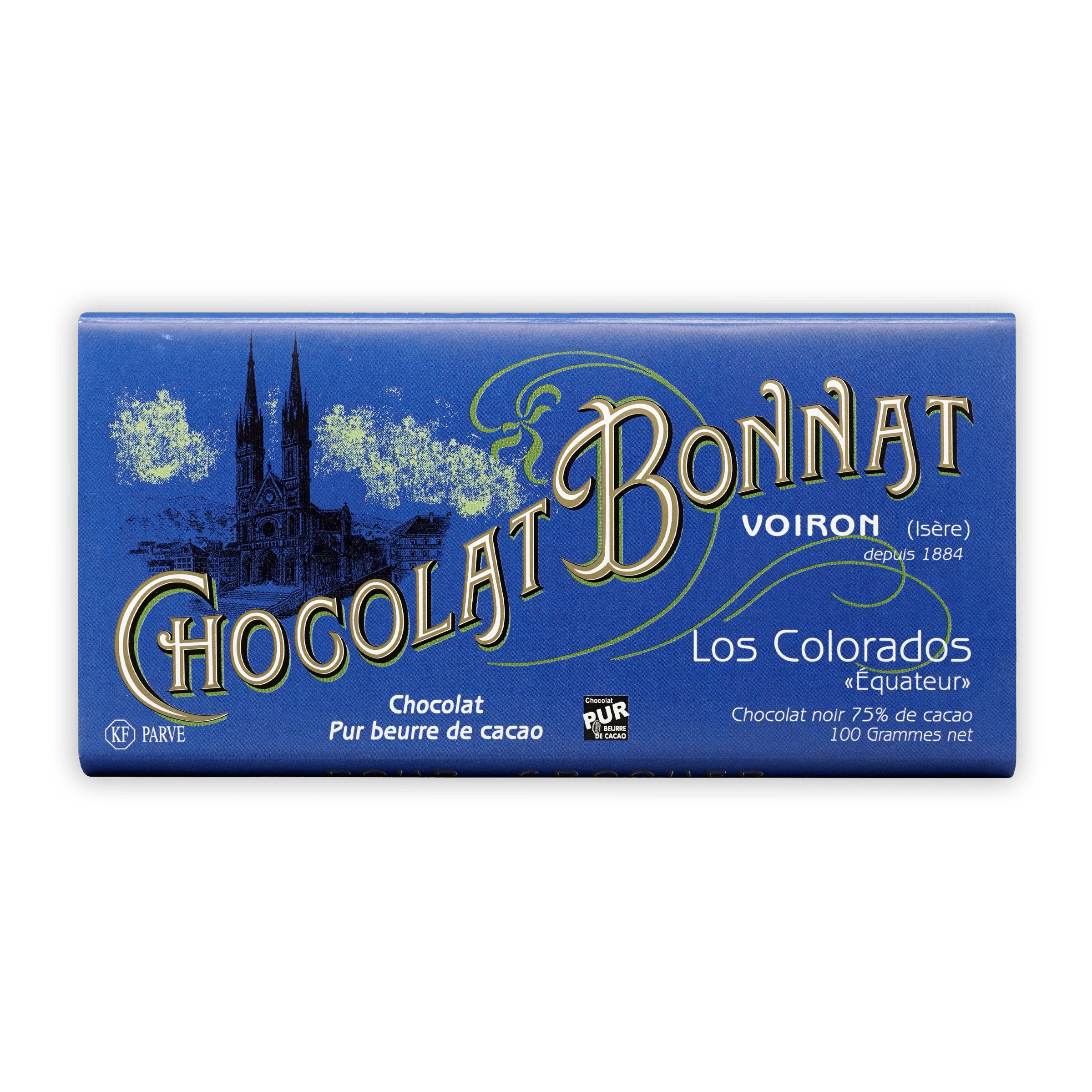 Bonnat Los Colorados Ecuador 75% blue bar with gold cathedral lettering