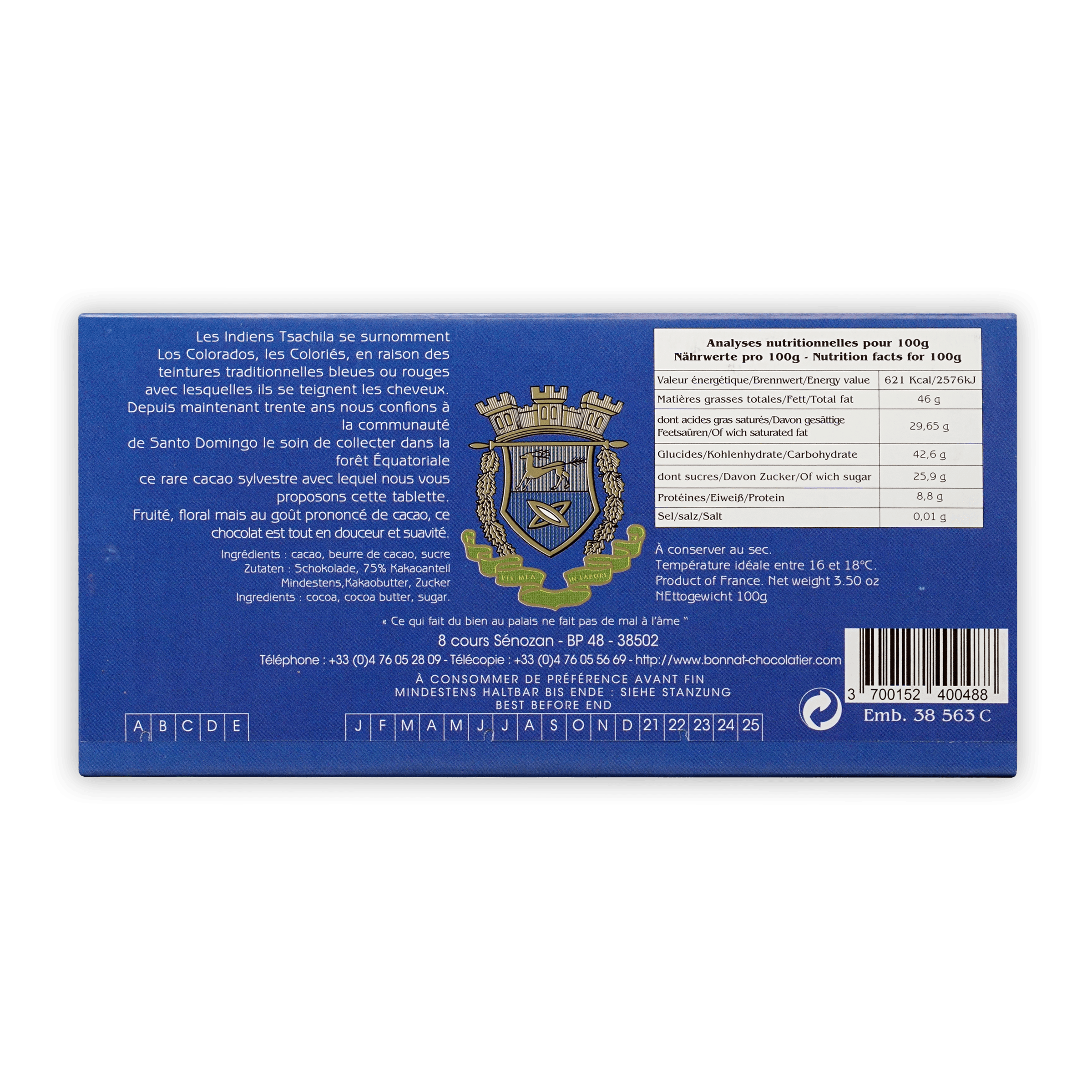 Bonnat Los Colorados Ecuador 75% blue bar box back with French nutrition