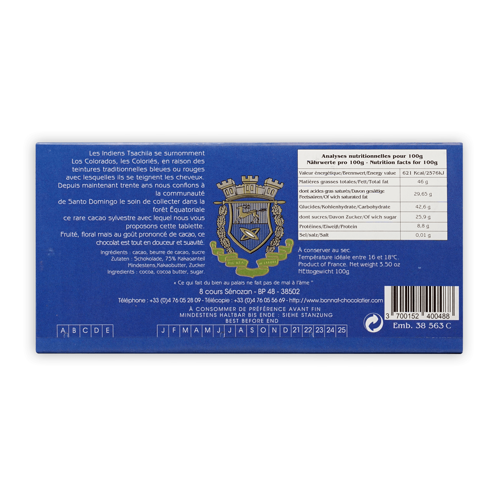 Bonnat Los Colorados Ecuador 75% blue bar box back with French nutrition