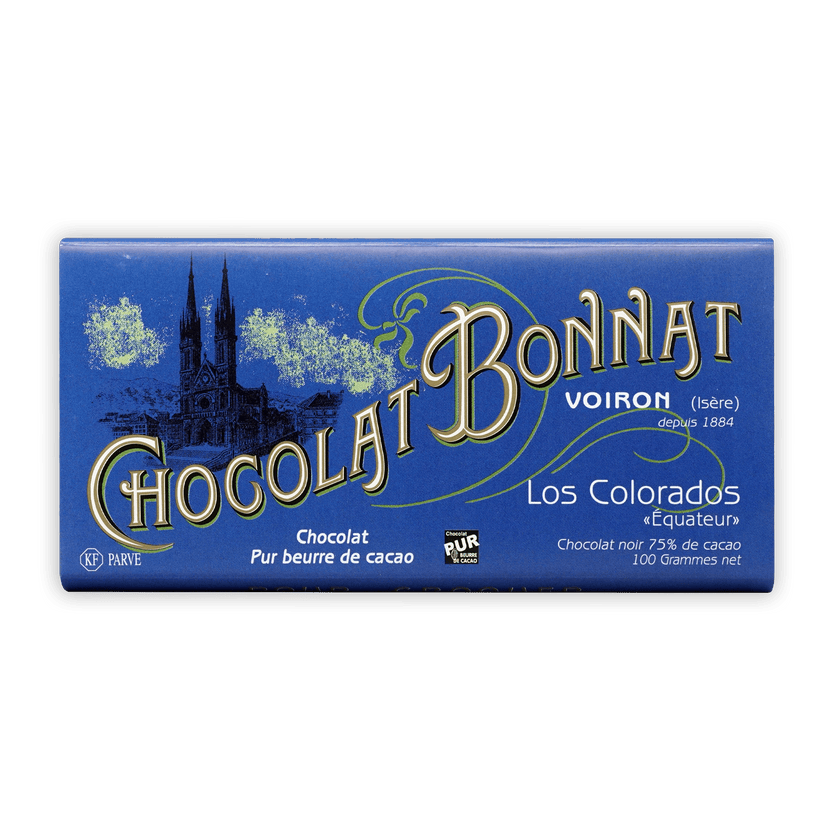 Bonnat Los Colorados Ecuador 75% blue bar with gold cathedral lettering