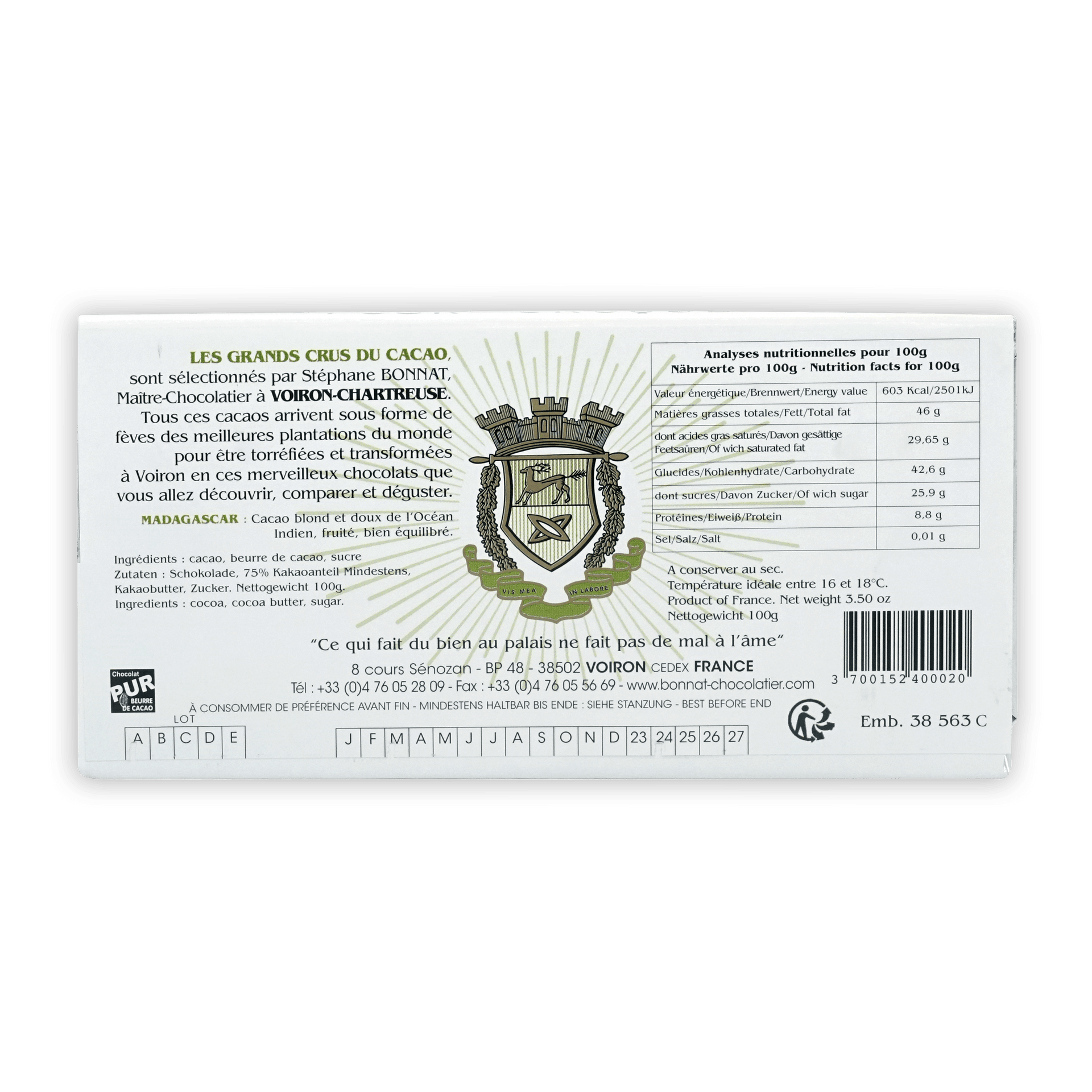 Bonnat Madagascar 75% Voiron Chantreuse white box with green gold crest